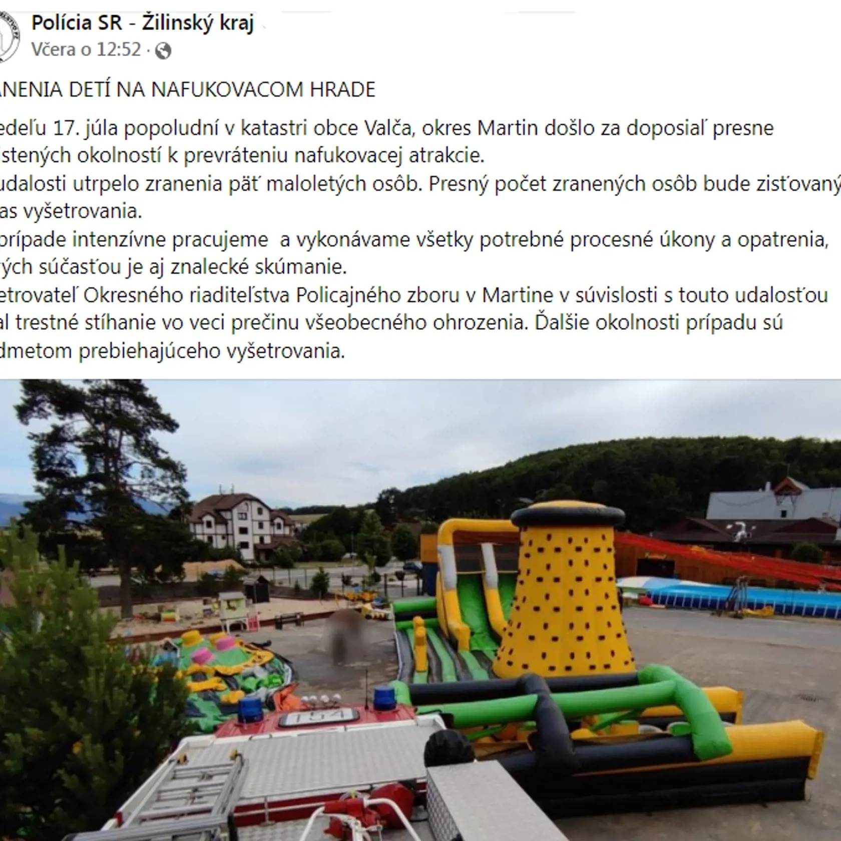 Informáciu o nešťastí uverejnila polícia na sociálnej sieti.