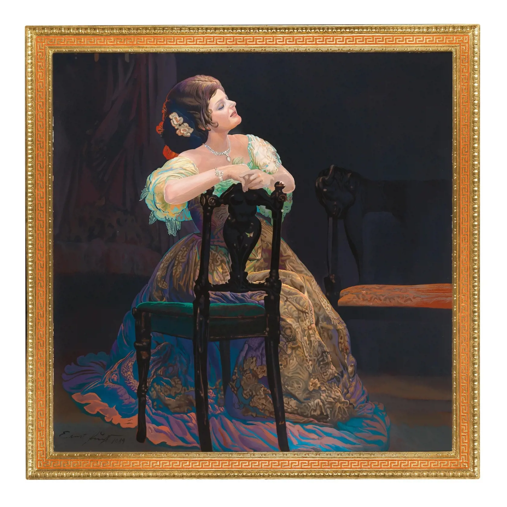Portrét "Dáma s kaméliami" (E. G. v "La Traviata") od Ernsta Fuchsa (1989). Predané za 36 237 eur (!), vyvolávacia cena: 7 000 eur.
