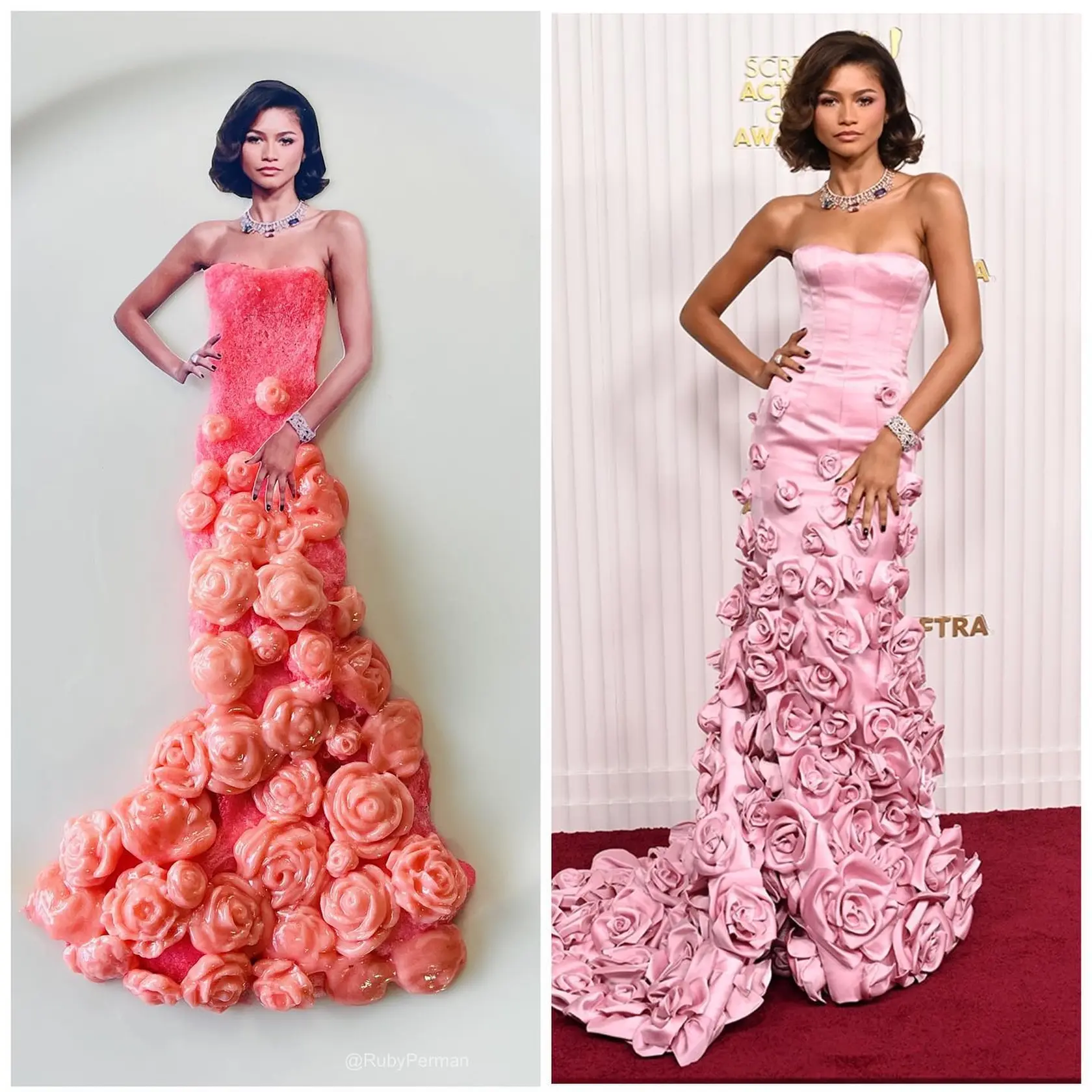 Zendaya vľavo ako výtvor Ruby, napravo v skutočných šatách.