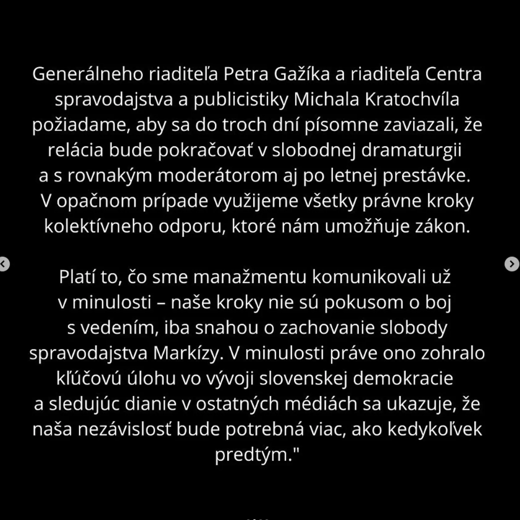 Znenie textu, ktorým zamestnanci podporili Michala Kovačiča.