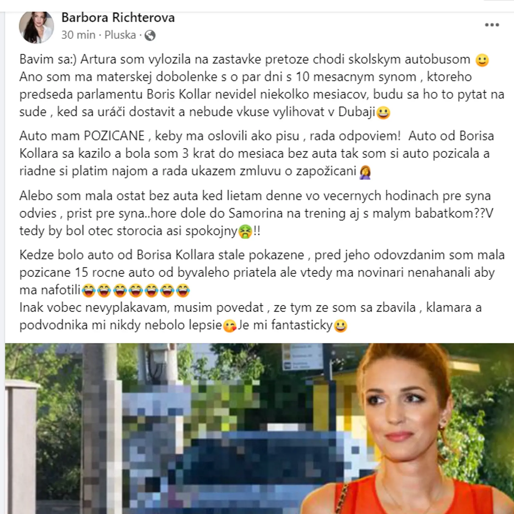 Oslovili sme aj samotnú Richterovú s otázkou, odkiaľ má na takéto luxusné vozidlo a skade na to zobrala finančné prostriedky, keď je aktuálne na materskej dovolenke. Do uzávierky novín nám však neodpovedala. Na náš článok reagovala až ráno, v rámci statusu na sociálnej sieti...