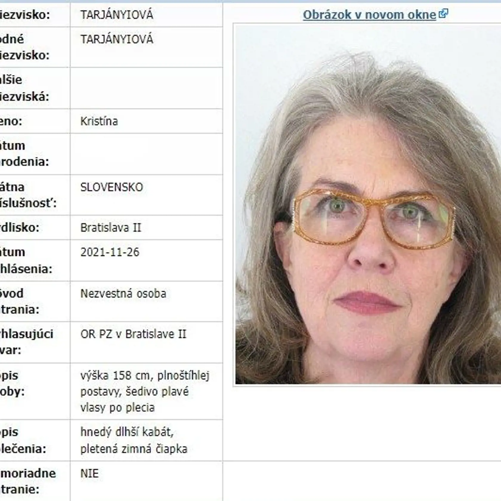 Pani Kristína bola od novembra nezvestná.