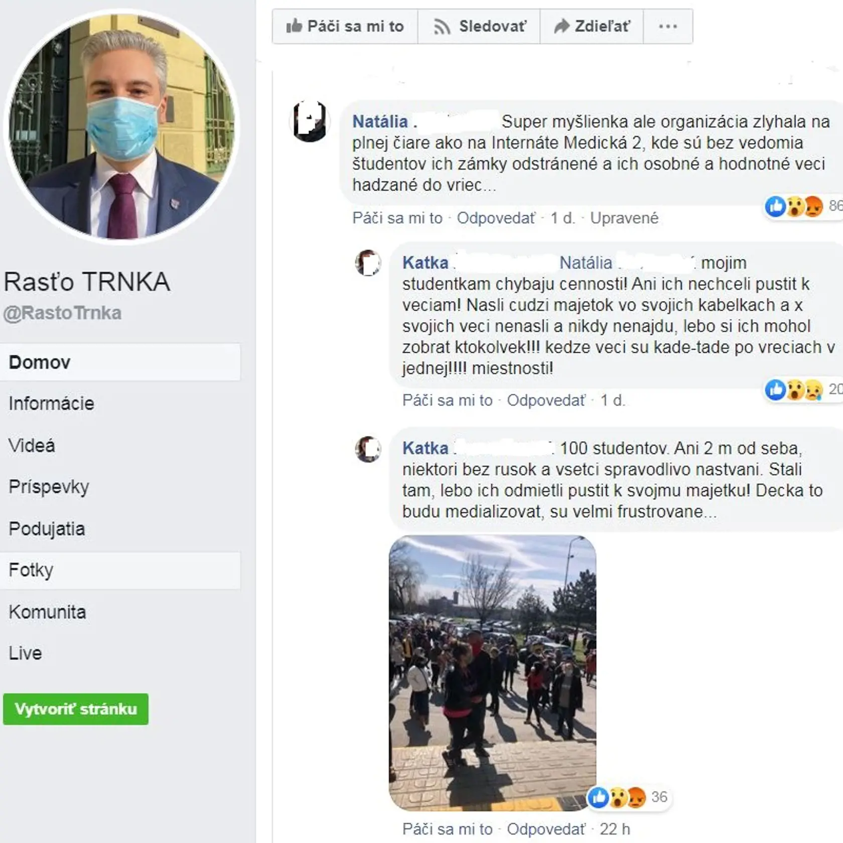 Reakcie ľudí na sociálnej sieti.