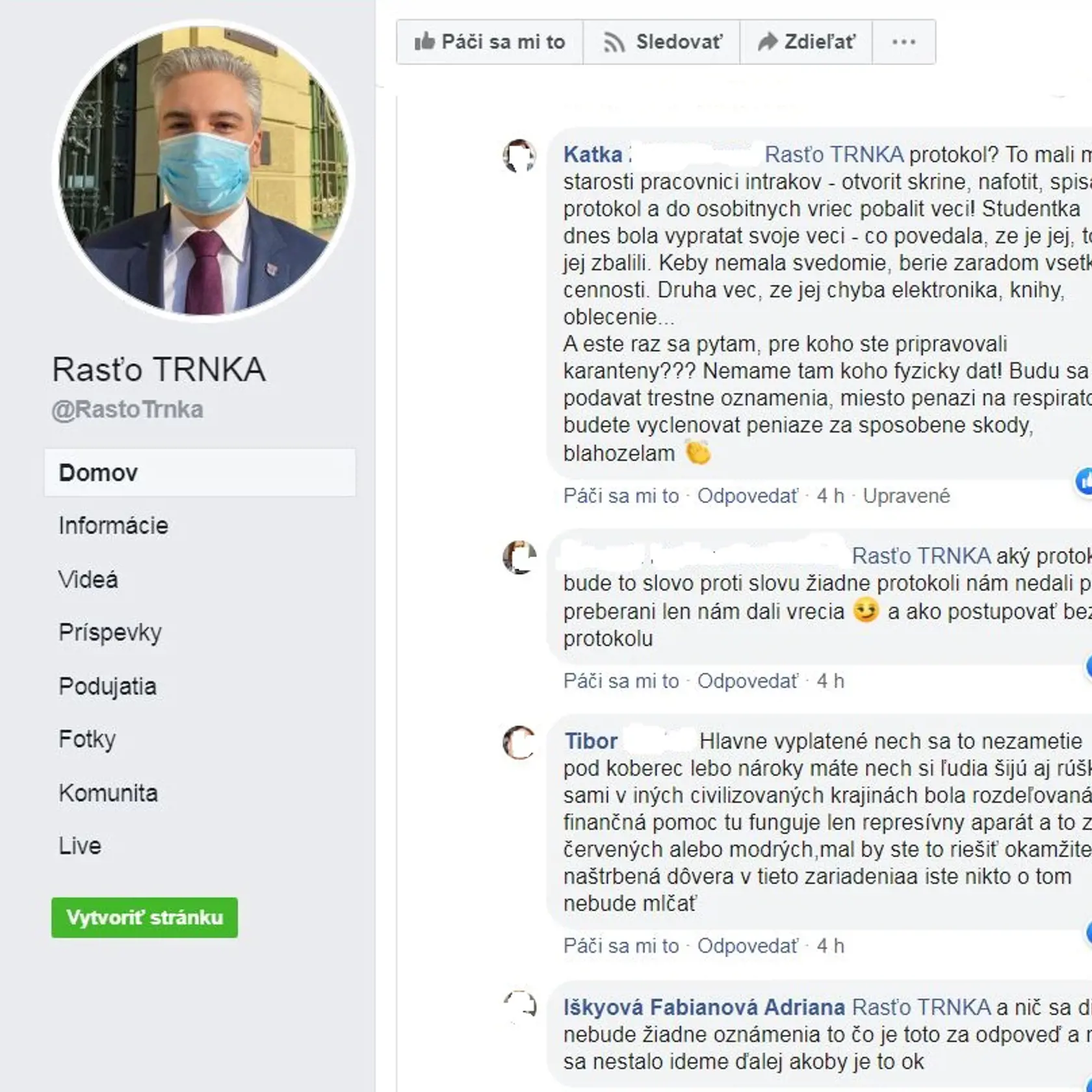 Reakcie ľudí na sociálnej sieti.