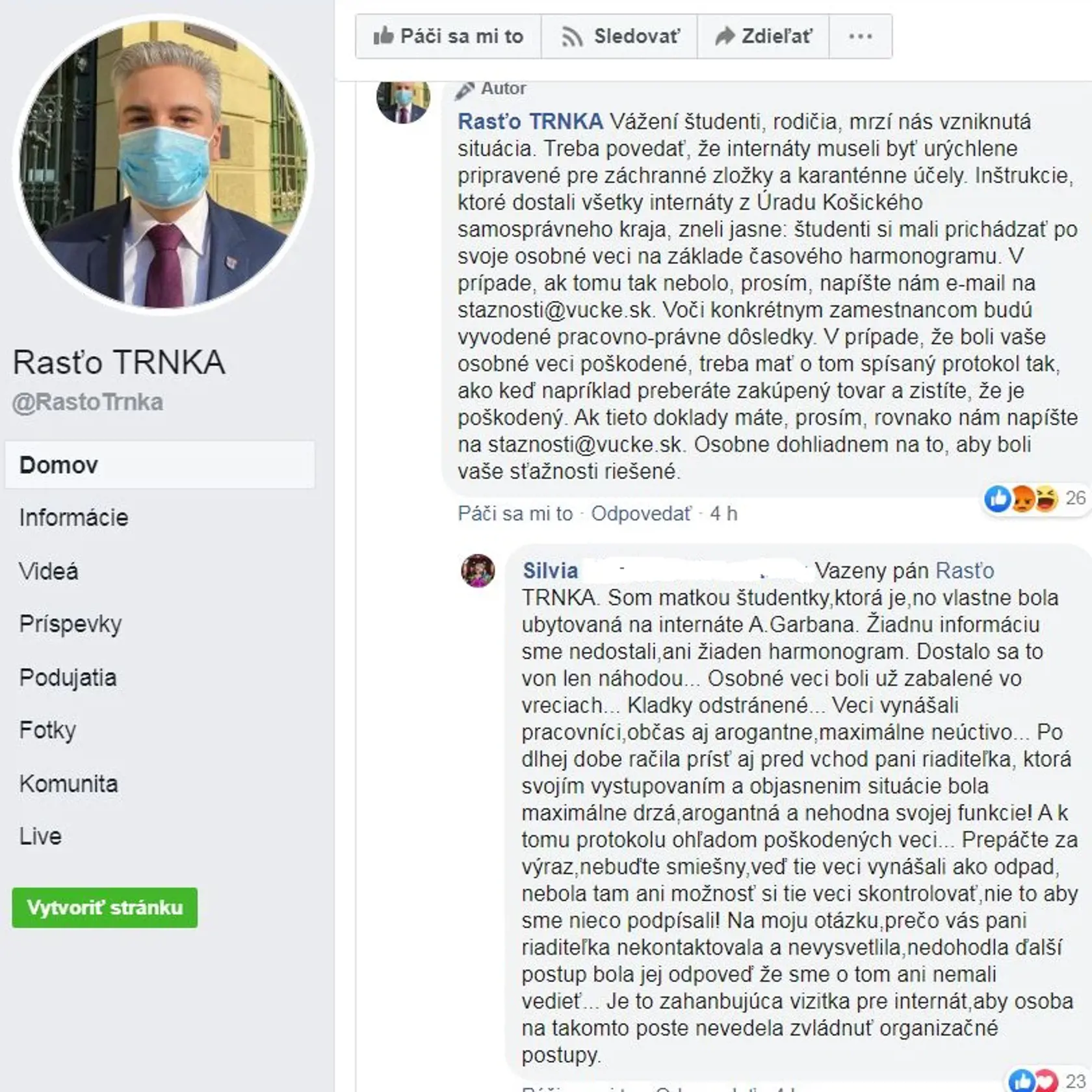 Reakcia Rastislava Trnku na sociálnej sieti na ktorú odpovedala matka žiačky.