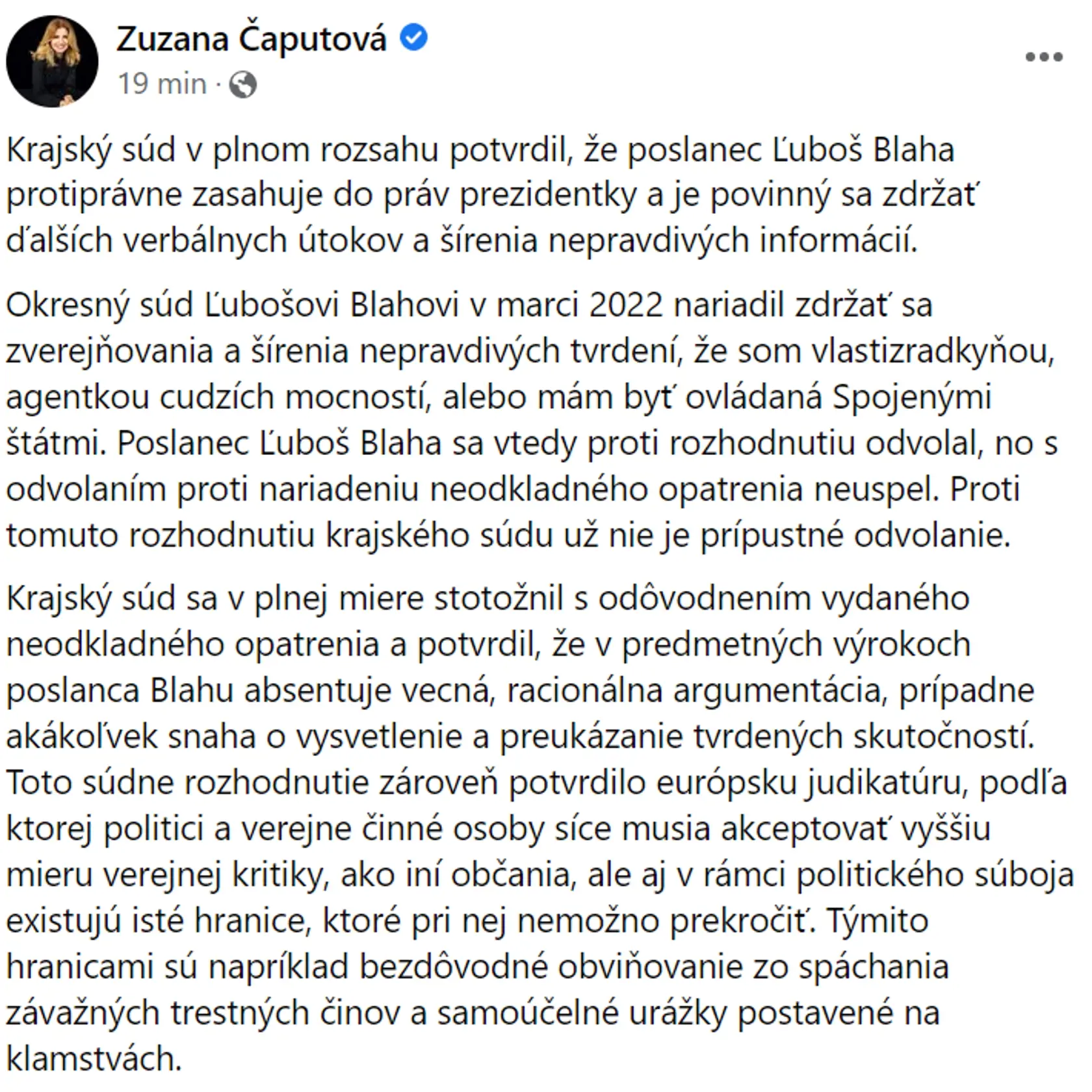 Status prezidentky Čaputovej k Blahovi.