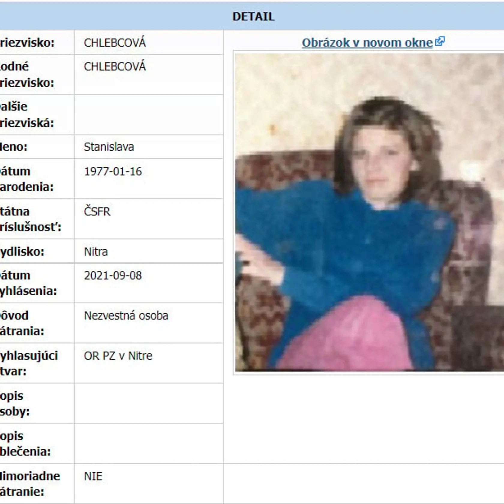 Nezvestná Stanka Chlebcová
