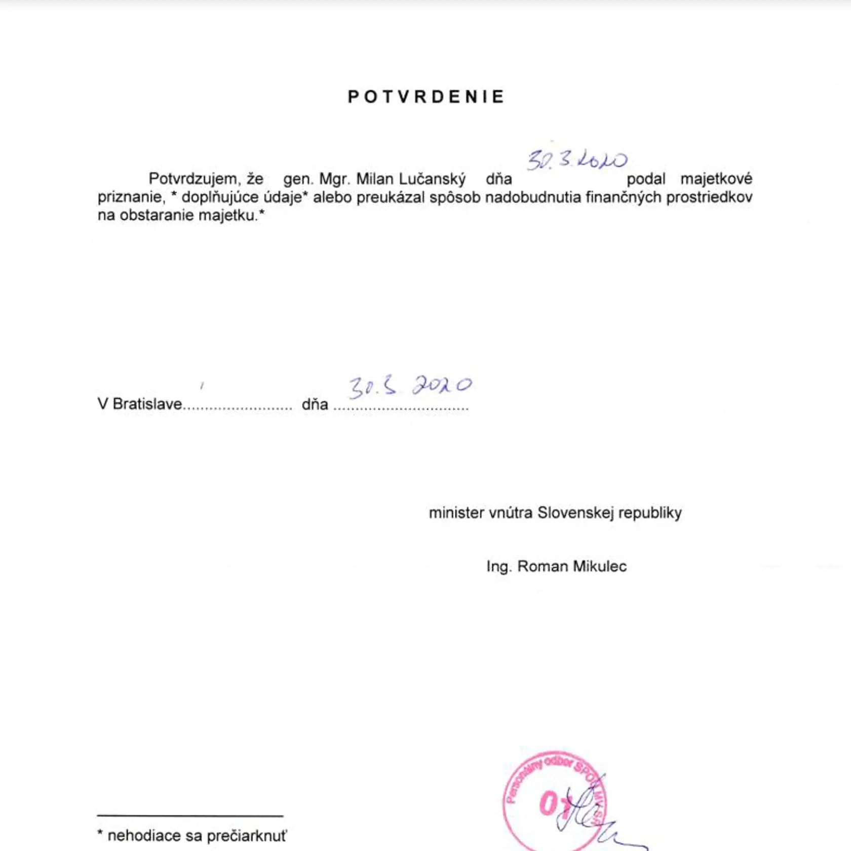 Potvrdenie o majetku nebohého Milana Lučanského