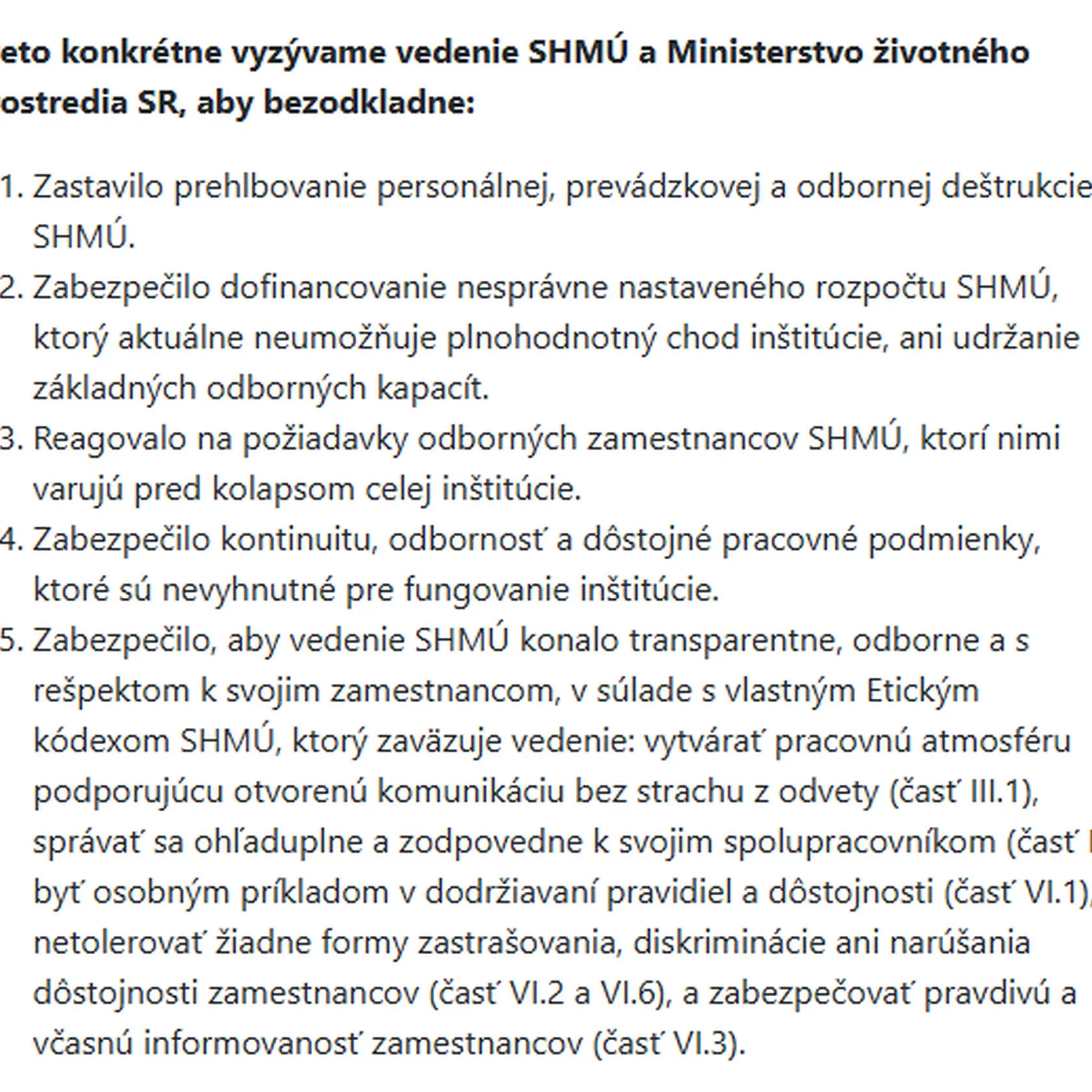 Požiadavky zamestnancov SHMÚ.