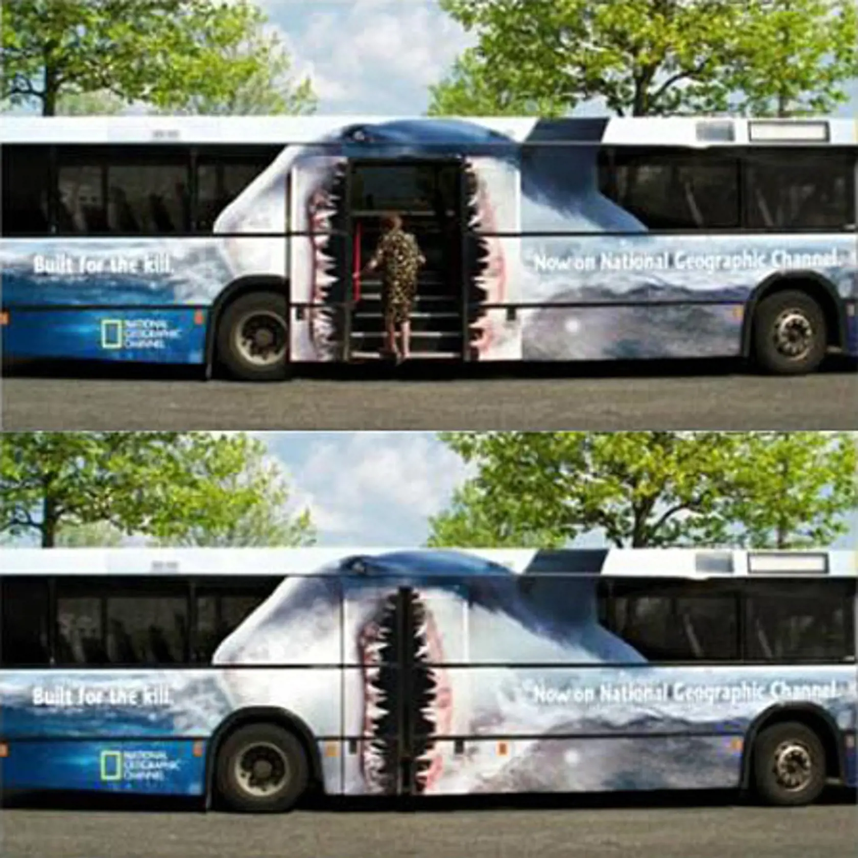 Realistická reklama na autobuse. Doslova vstúpte do sveta National Geogaphic Channel.
