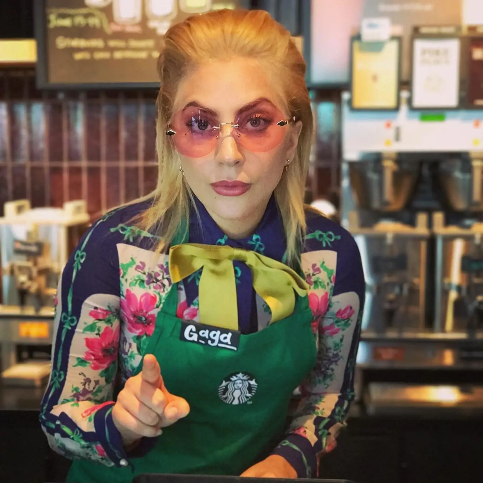 Lady Gaga releases a photo on Instagram with the following caption: "Dropped by @starbucks today to treat everyone to one of my #CupsOfKindness drinks supporting @btwfoundation! $.25 from each one sold through 6/19 is donated to the Foundation! \u2764\ufe0f how did I do as a barista? \ud83e\udd23"., Image: 338142153, License: Rights-managed, Restrictions: *** No USA Distribution *** For Editorial Use Only *** Not to be Published in Books or Photo Books *** Handling Fee Only ***, Model Release: n