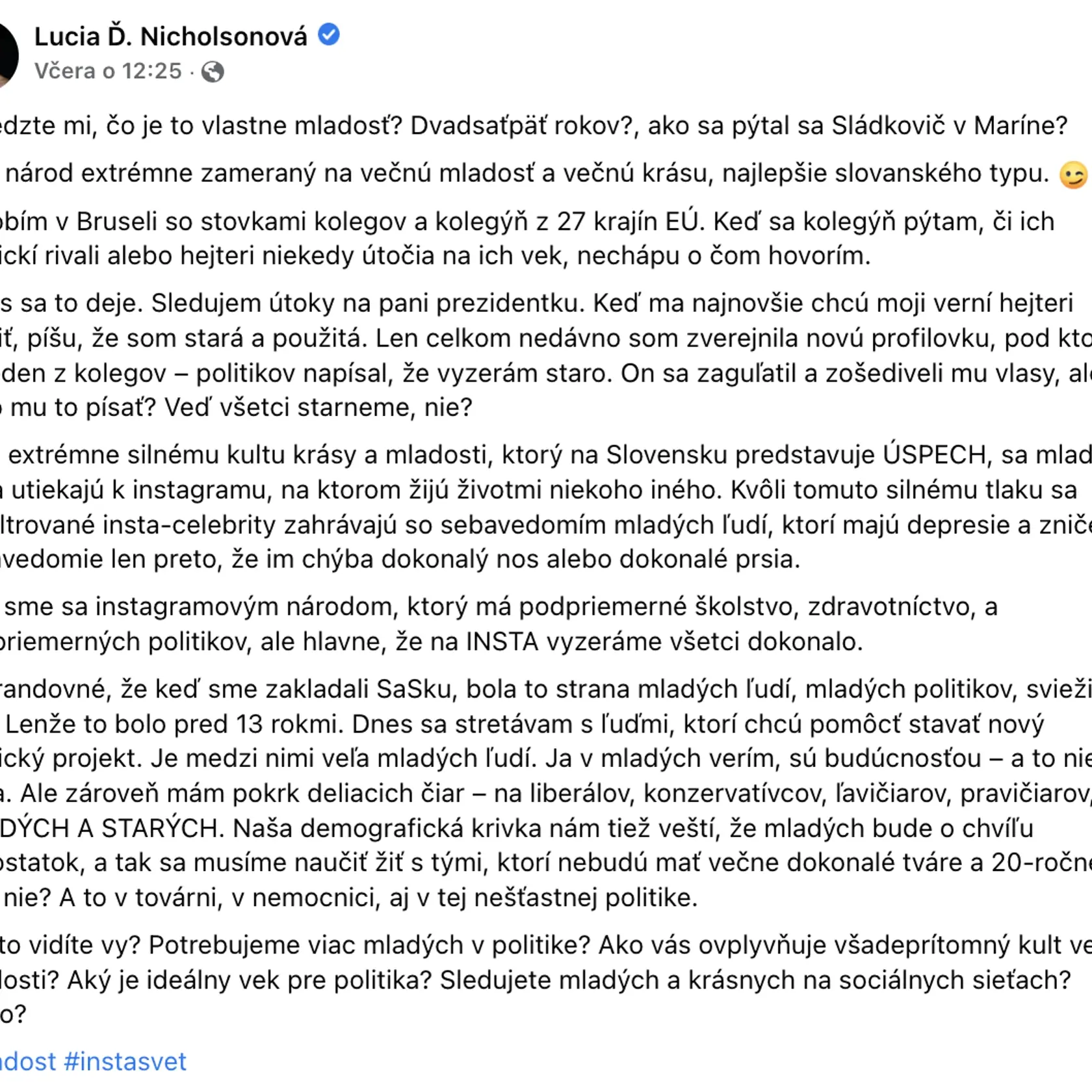 Status Lucie Ďuriš Nicholsonovej, v ktorom sa zamýšľa nad súčasnou situáciou na Slovensku.