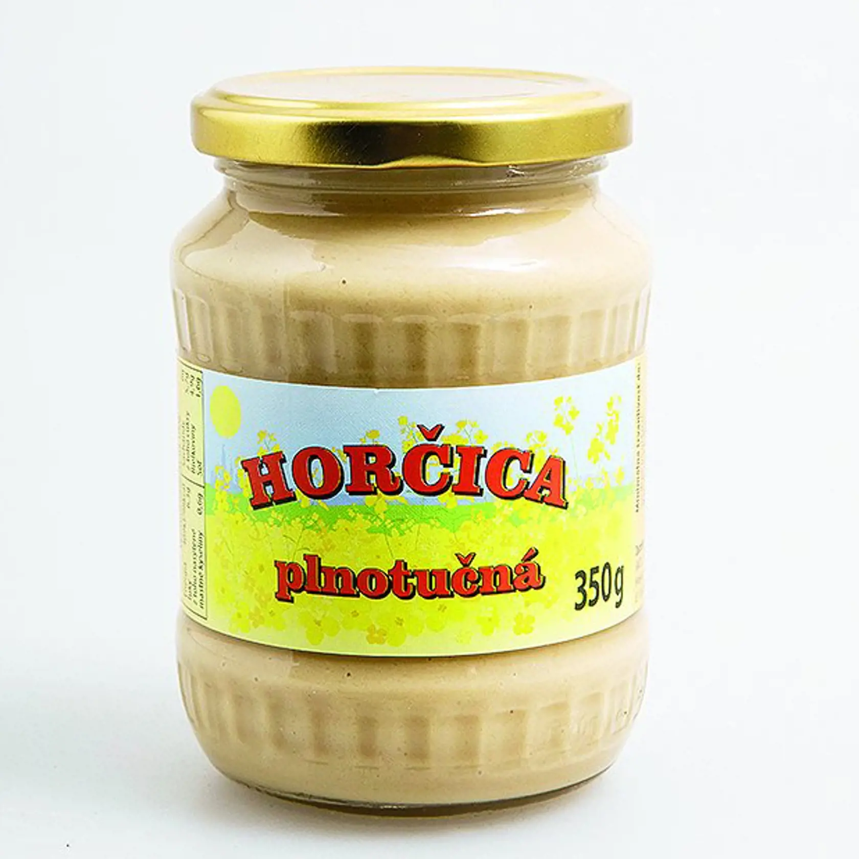 Horčica plnotučná
Výrobca neuvedený, 350 g
Krajina pôvodu/ neuvedená
Zloženie/ pitná voda, horčičné semeno, kvasný liehový ocot, izoglukózový sirup, jedlá soľ, koreniny
Energia v 100 g/ 409 kJ Tuky/ 6,3 g Sacharidy/ 6 g Bielkoviny/ 4,9 g Soľ/ 1,6 g 
Redakcia hodnotí: Najsvetlejšia horčica má bledožltú farbu a silnú octovú arómu. Konzistencia je príliš riedka, textúra jemná a hladká. Chuť horčice je slabá a nevyvážená, prevláda kyslá chuť octu, horčičné semienka ani korenie takmer necítiť. T