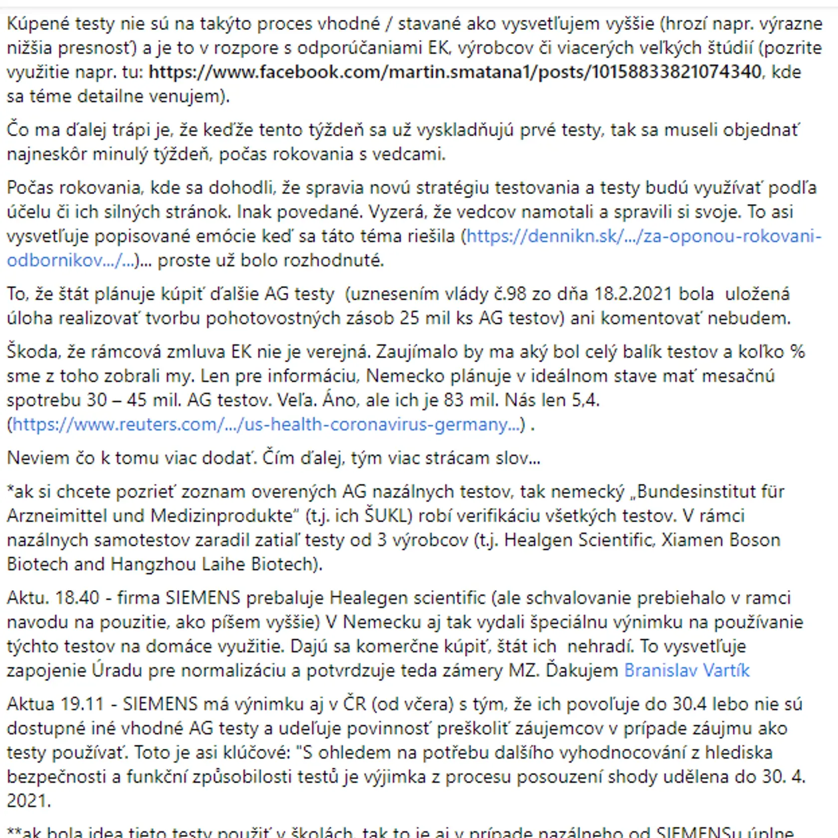 Martin Smatana vysvetľuje problémový nákup antigénových testov.