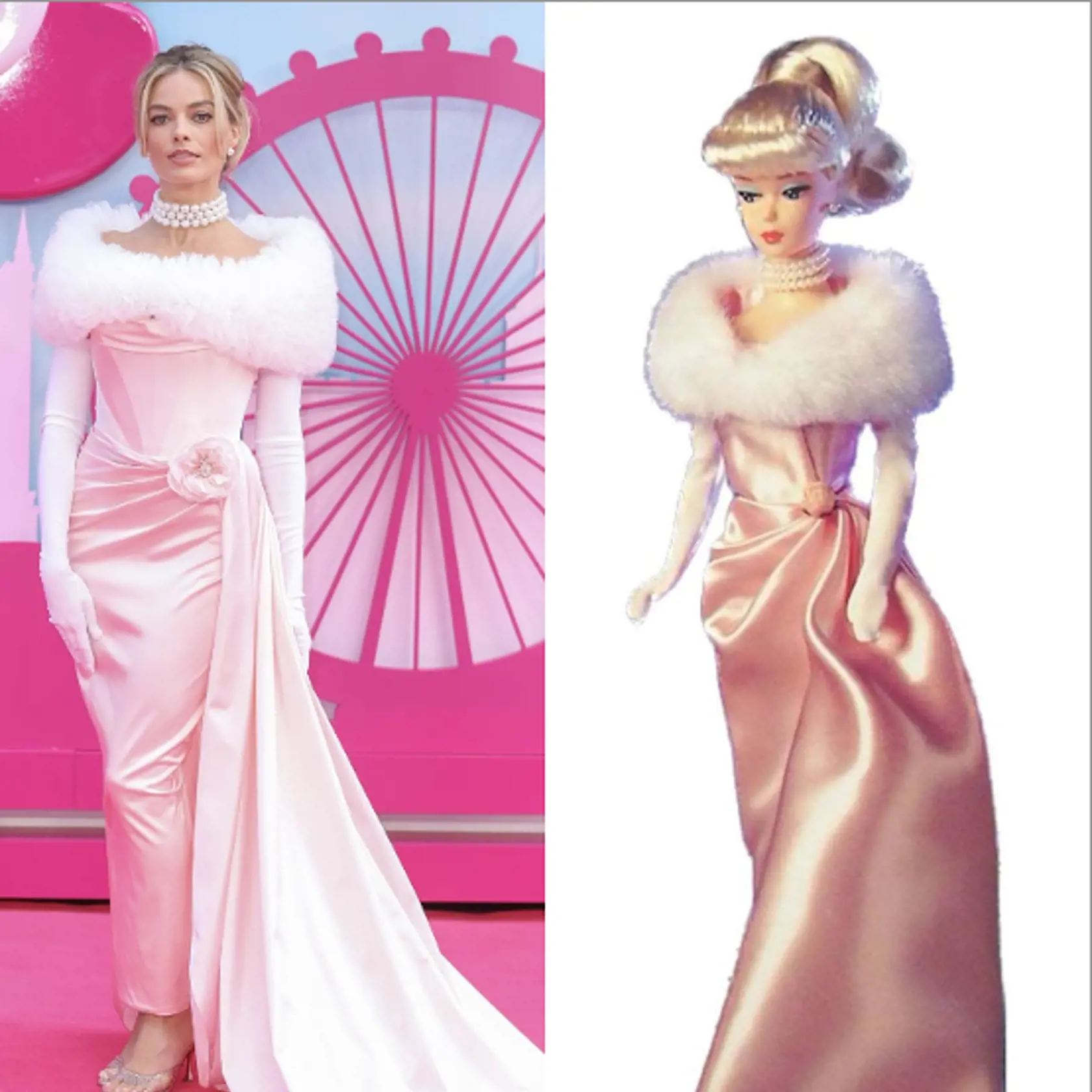 Margot Robbie v šatách od Vivienne Westwood. Outfit inšpirovaný bábikou z roku 1960.