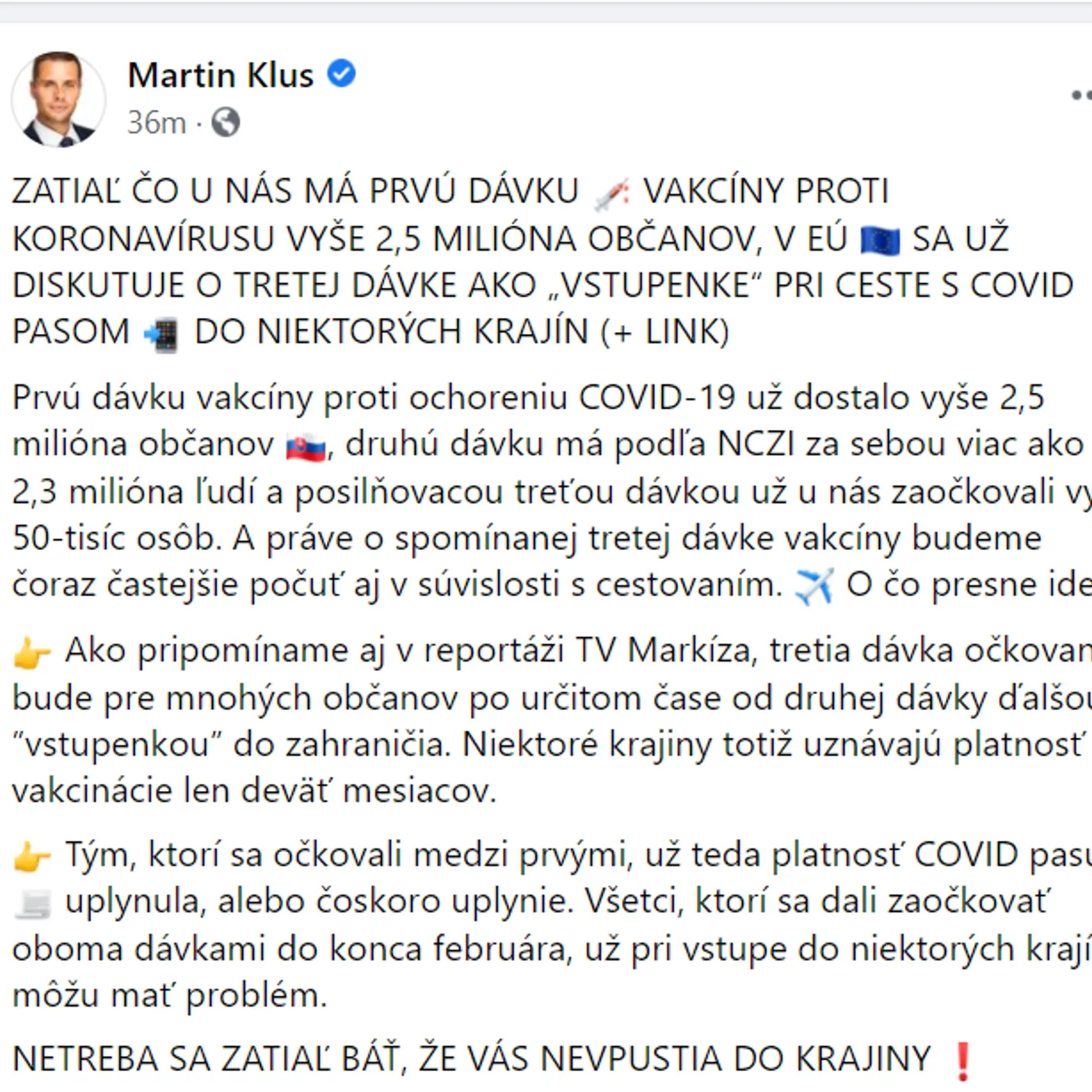 Klus: Na vstup do niektorých krajín bude potrebná 3. dávka očkovanie
status 1/3