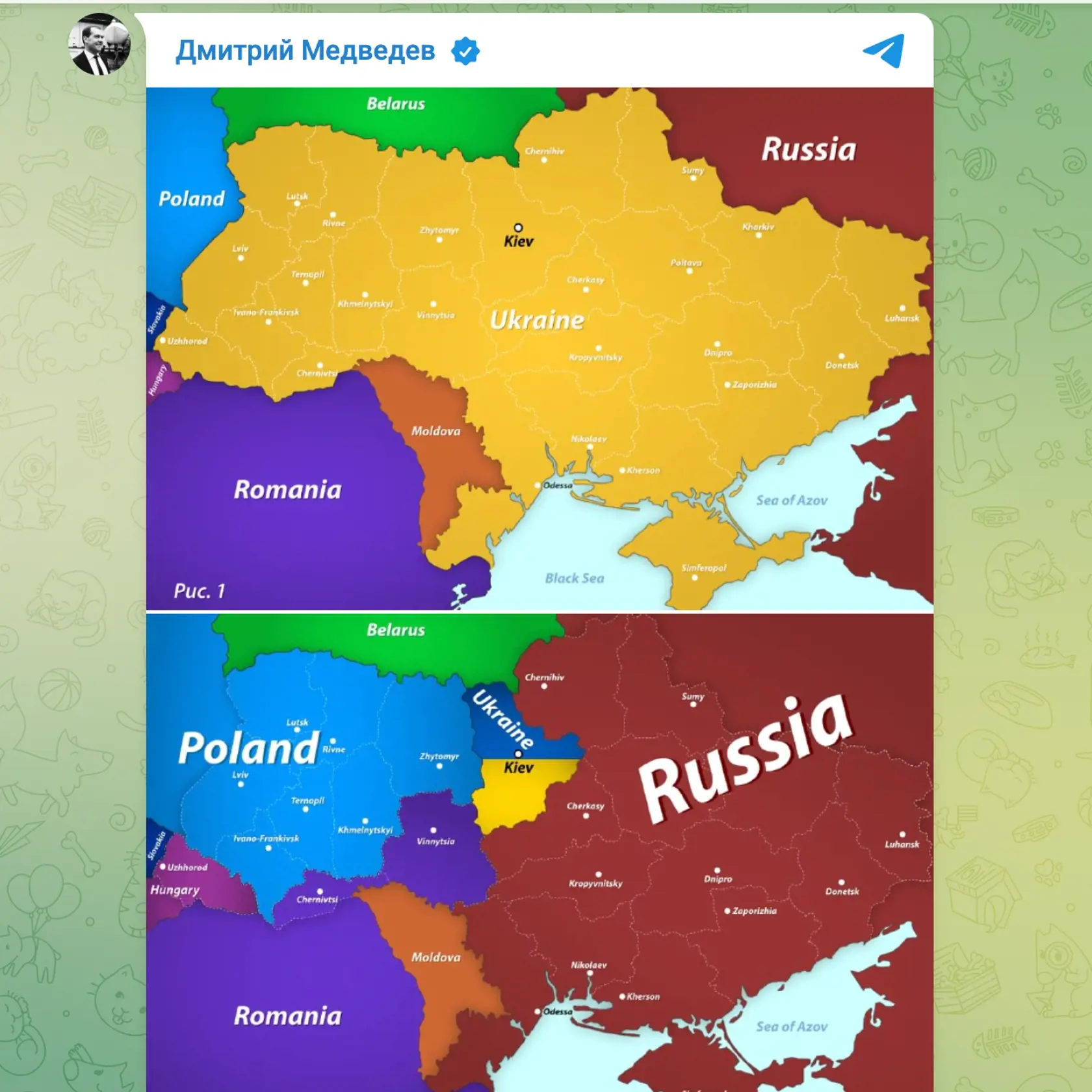 Ruský exprezident a súčasný podpredseda ruskej Bezpečnostnej rady Dmitrij Medvedev zverejnil na sociálnej sieti Telegram mapu, ktorá odhaľuje ako by mala Ukrajina vyzerať po vojne.