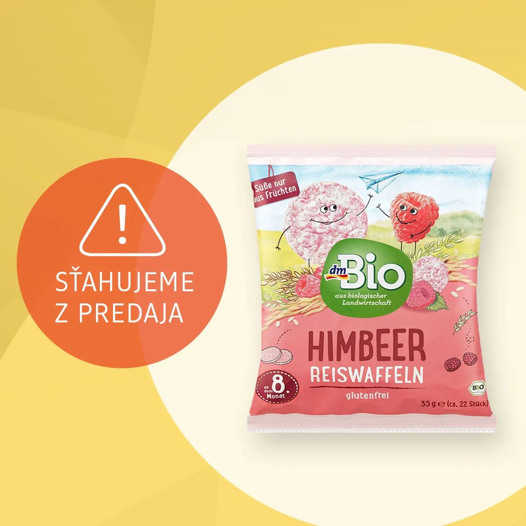 Sieť drogérií DM Drogerie Markt Slovensko sťahuje z predaja potravinový výrobok pre deti od 8. mesiaca. Ide konkrétne o dmBio malinové ryžové oblátky v 35 g balení.