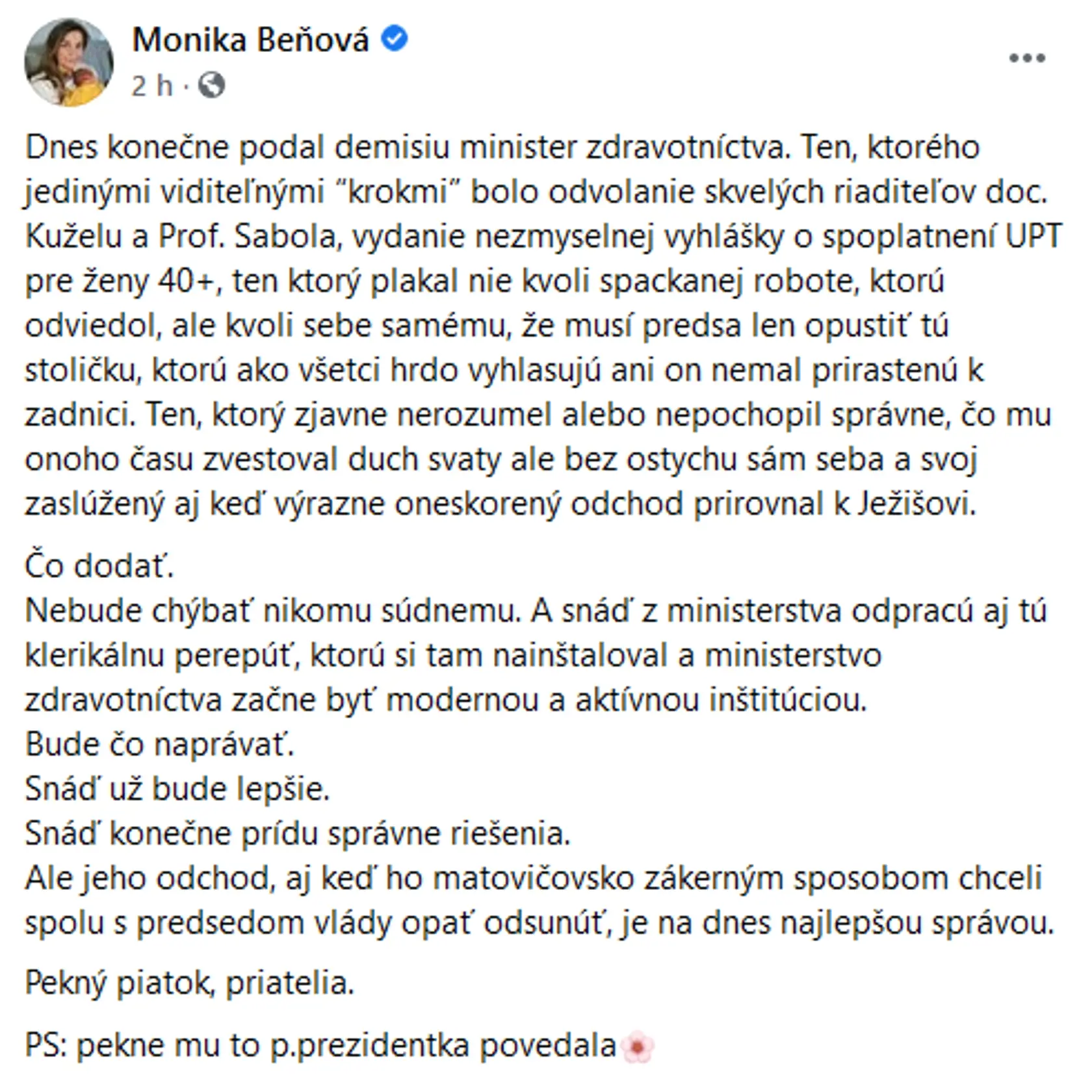 Beňovej facebookový status