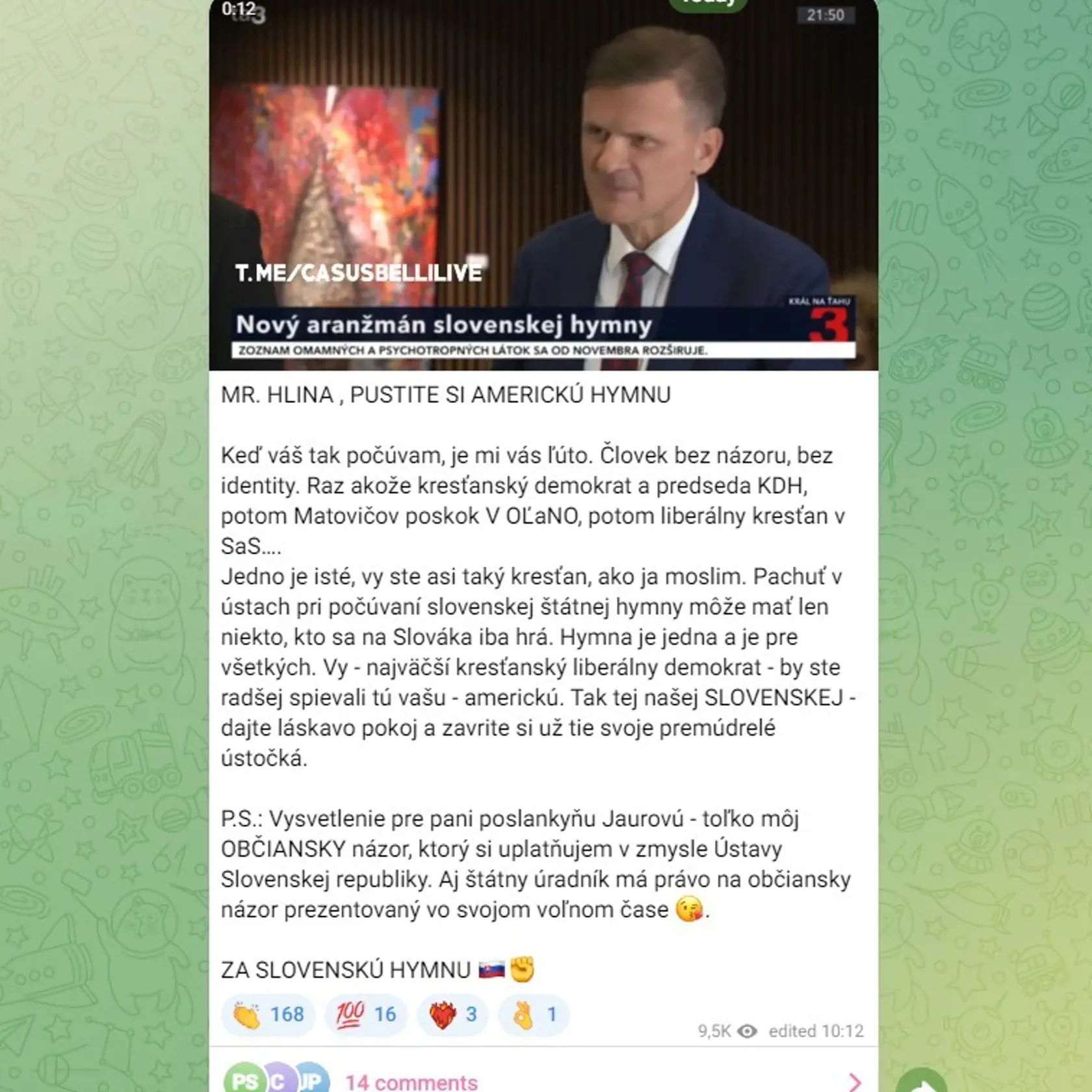„Keď váš tak počúvam, je mi vás ľúto. Človek bez názoru, bez identity. Raz akože kresťanský demokrat a predseda KDH, potom Matovičov poskok V OĽaNO, potom liberálny kresťan v SaS…." - píše v reakcii na slová Alojza Hlinu (SaS) generálny tajomník služobného úradu ministerstva kultpry Lukáš Machala (nom. SNS).