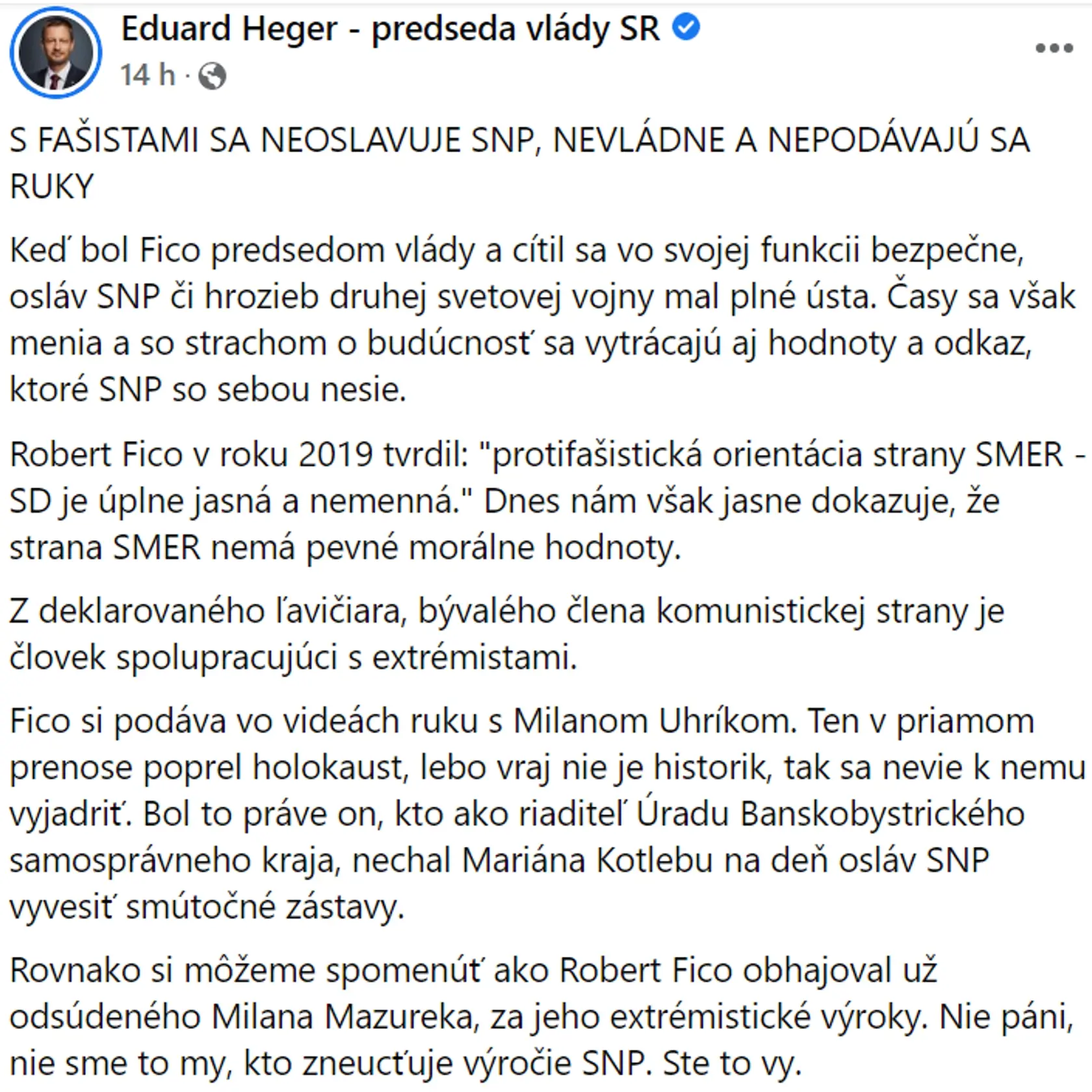 Premiér Slovenska Eduard Heger poriadne naložil Smeru.