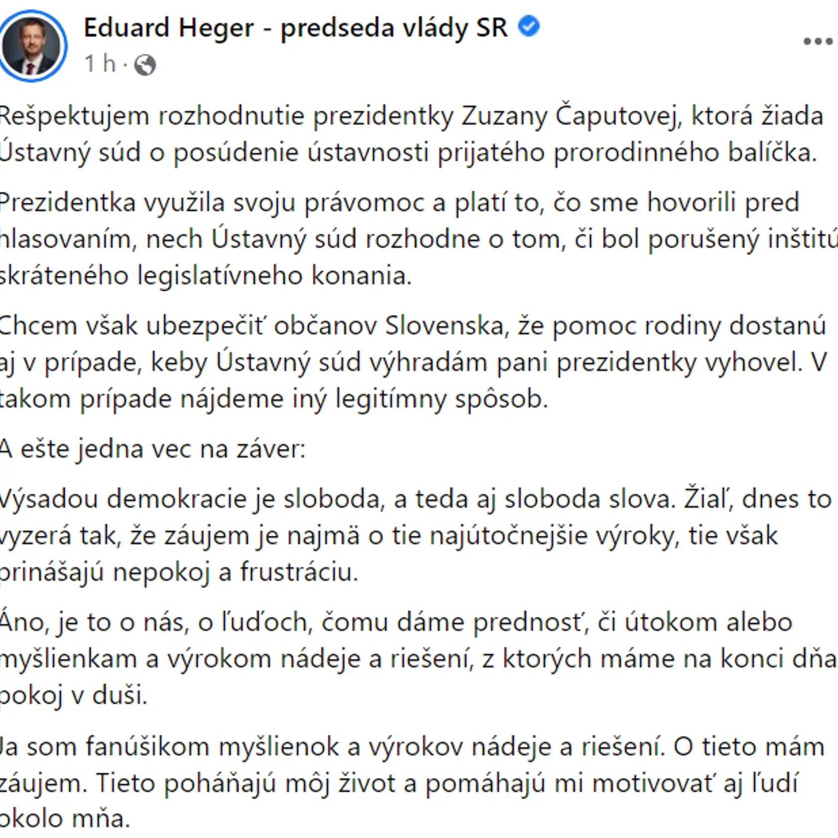 Premiér Eduard Heger (OĽANO) rešpektuje rozhodnutie prezidentky Zuzany Čaputovej podať protiinflačný balík na Ústavný súd (ÚS) SR.