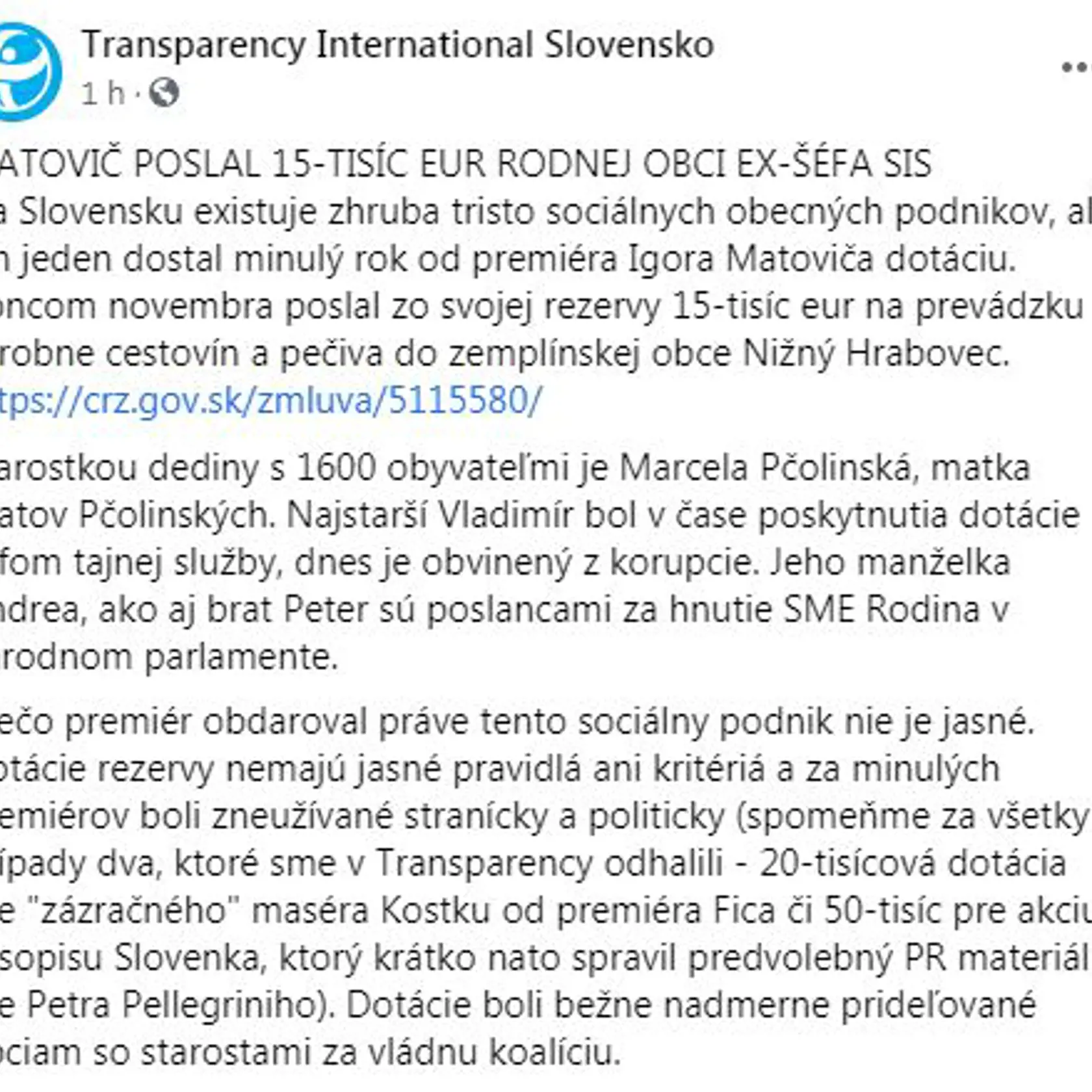 Status TIS k zisteniam o pofidérnej dotácii premiéra Matoviča.