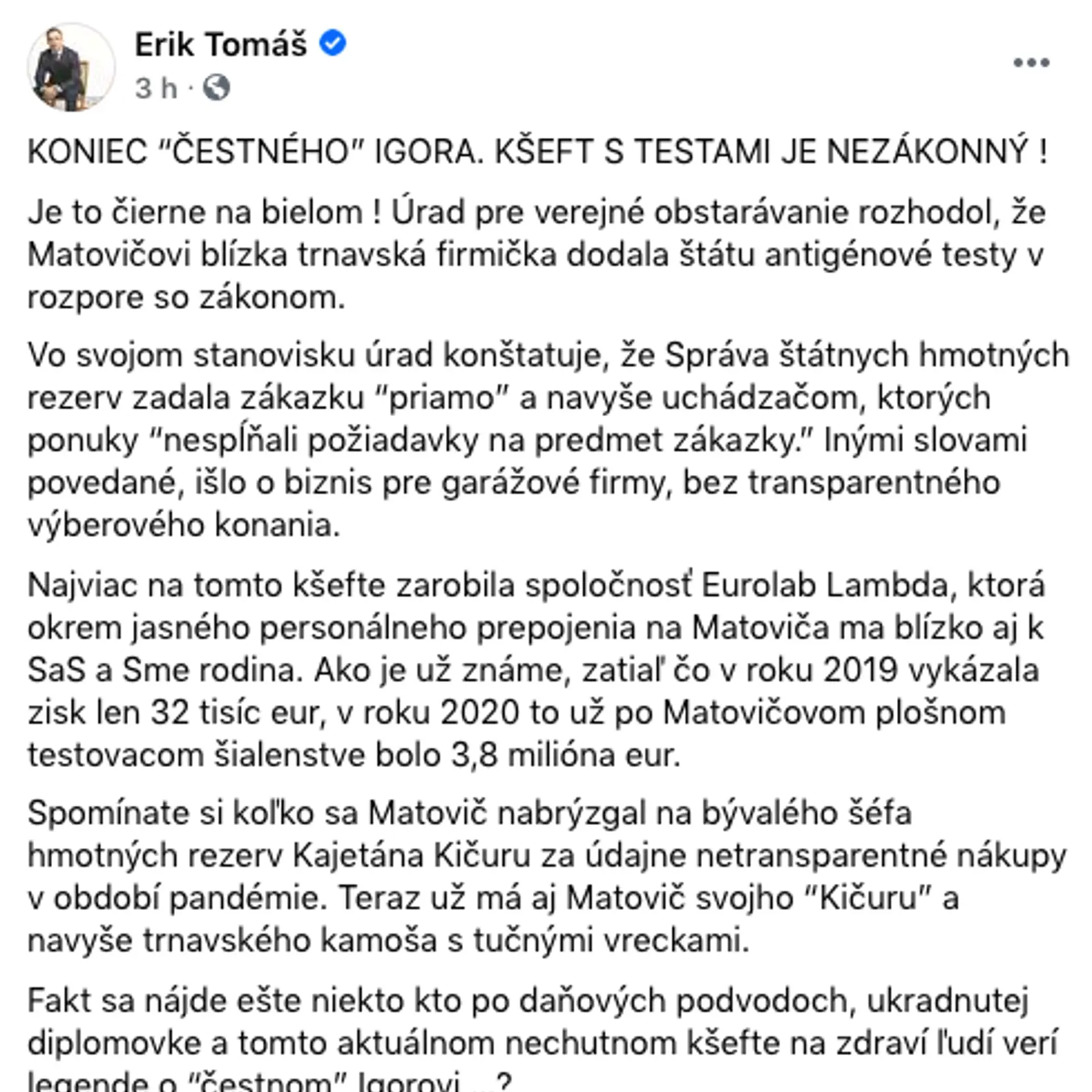 Erik Tomáš o nákupe testov Igorom Matovičom.