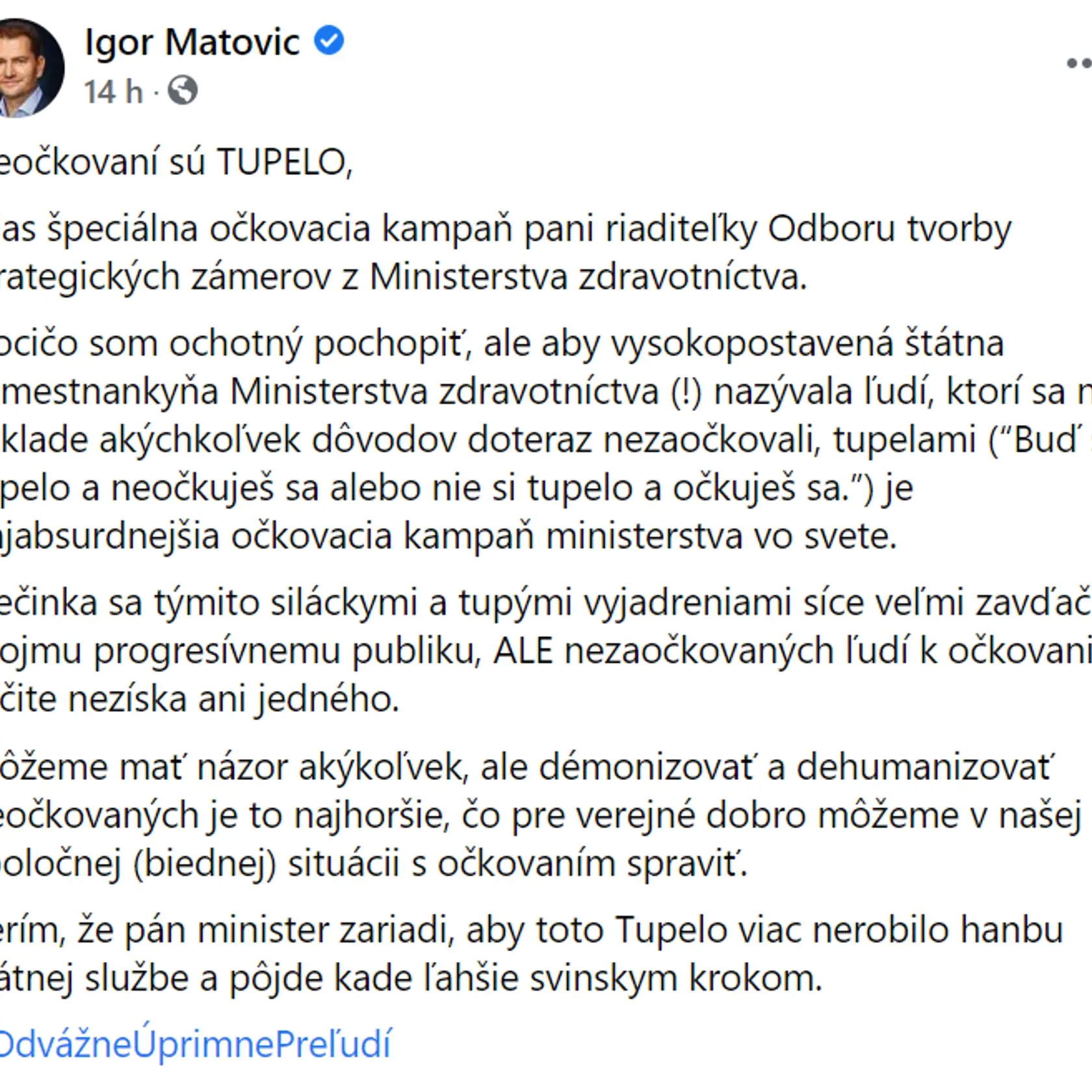 Prestrelka na sociálnej sieti medzi Igorom Matovičom a zamestnankyňou ministerstva zdravotníctva.