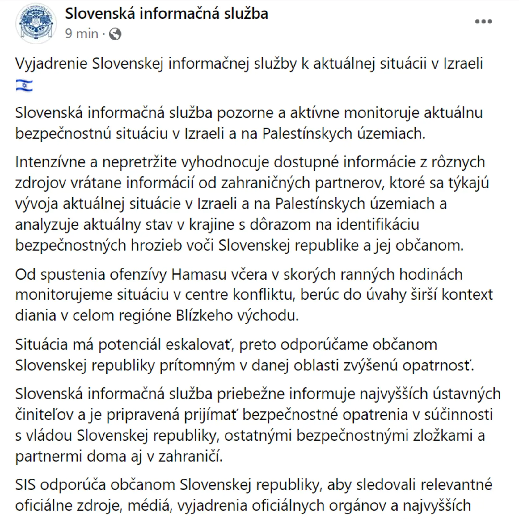 Vyjadrenie Slovenskej informačnej služby k aktuálnej situácii v Izraeli