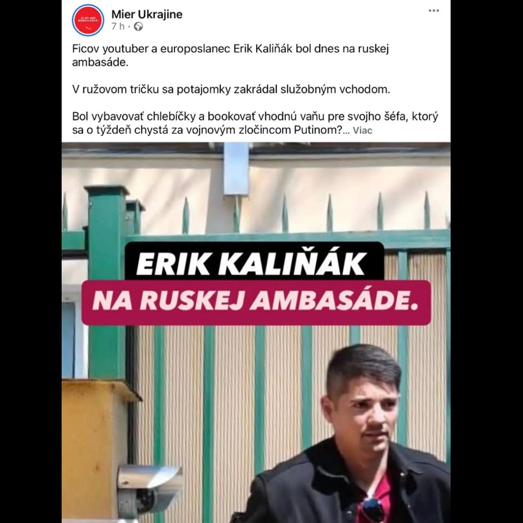 Zruženie Mier Ukrajine upozornilo, že Erik Kaliňák bol na ruskej ambasáde v Bratislave. Nielen podpredseda Smeru, ale aj komentátor Eduar Chmelár upozornili, že mimovládka týmto príspevkom jednoducho šľapla poriadne vedľa.