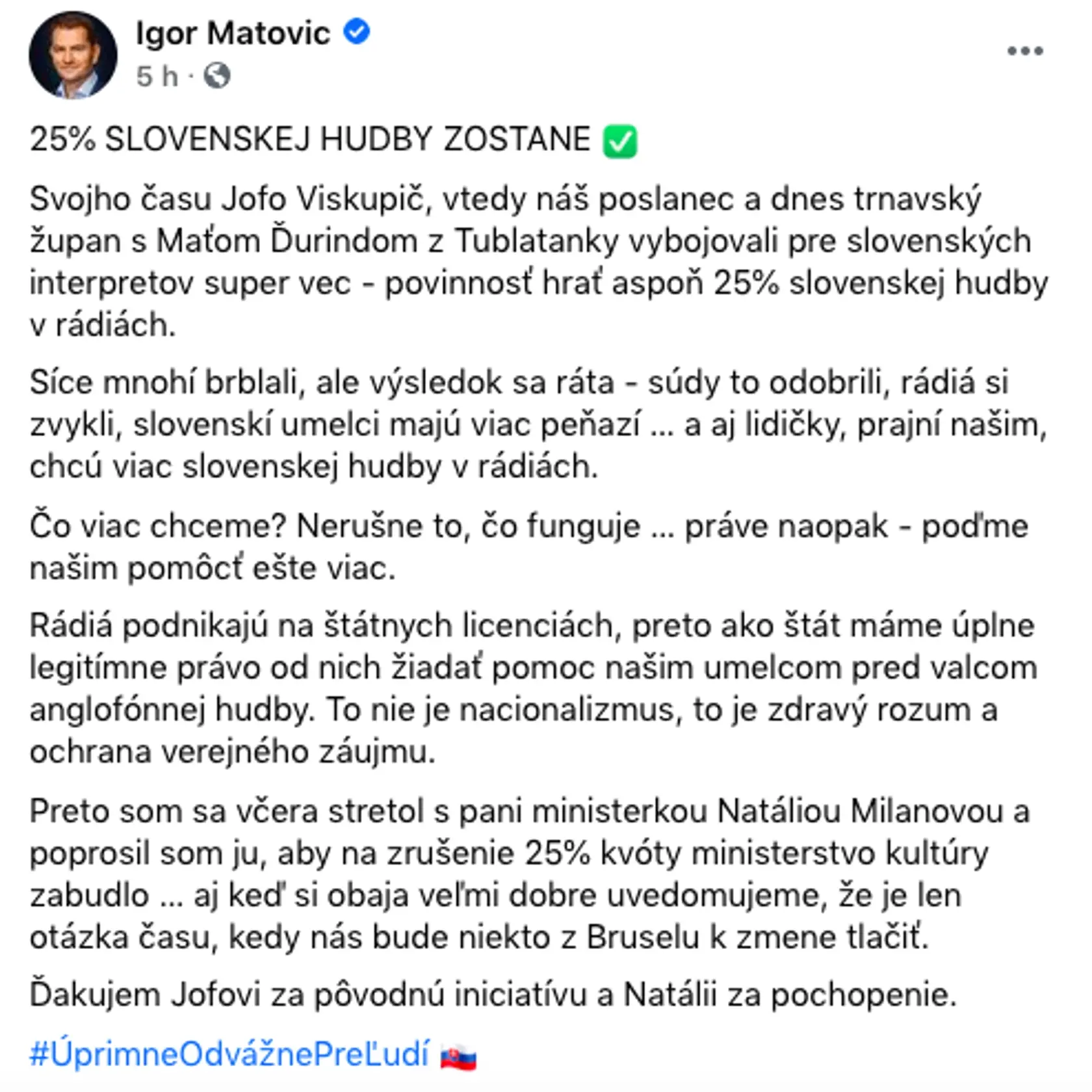 Status Igora Matoviča ku kvótam pre slovenskú hudbu.