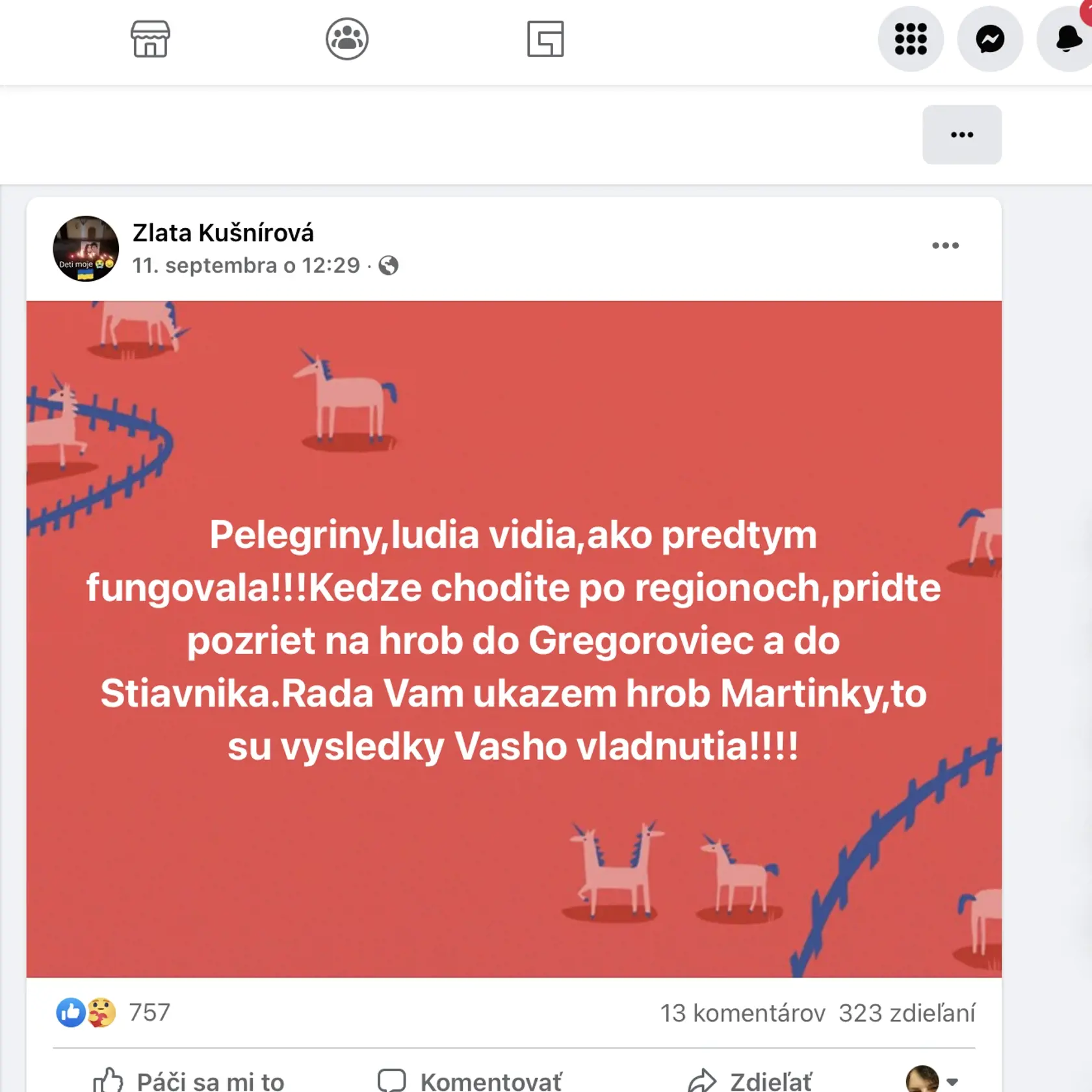 Status Zlatice Kušnírovej na sociálnej sieti.