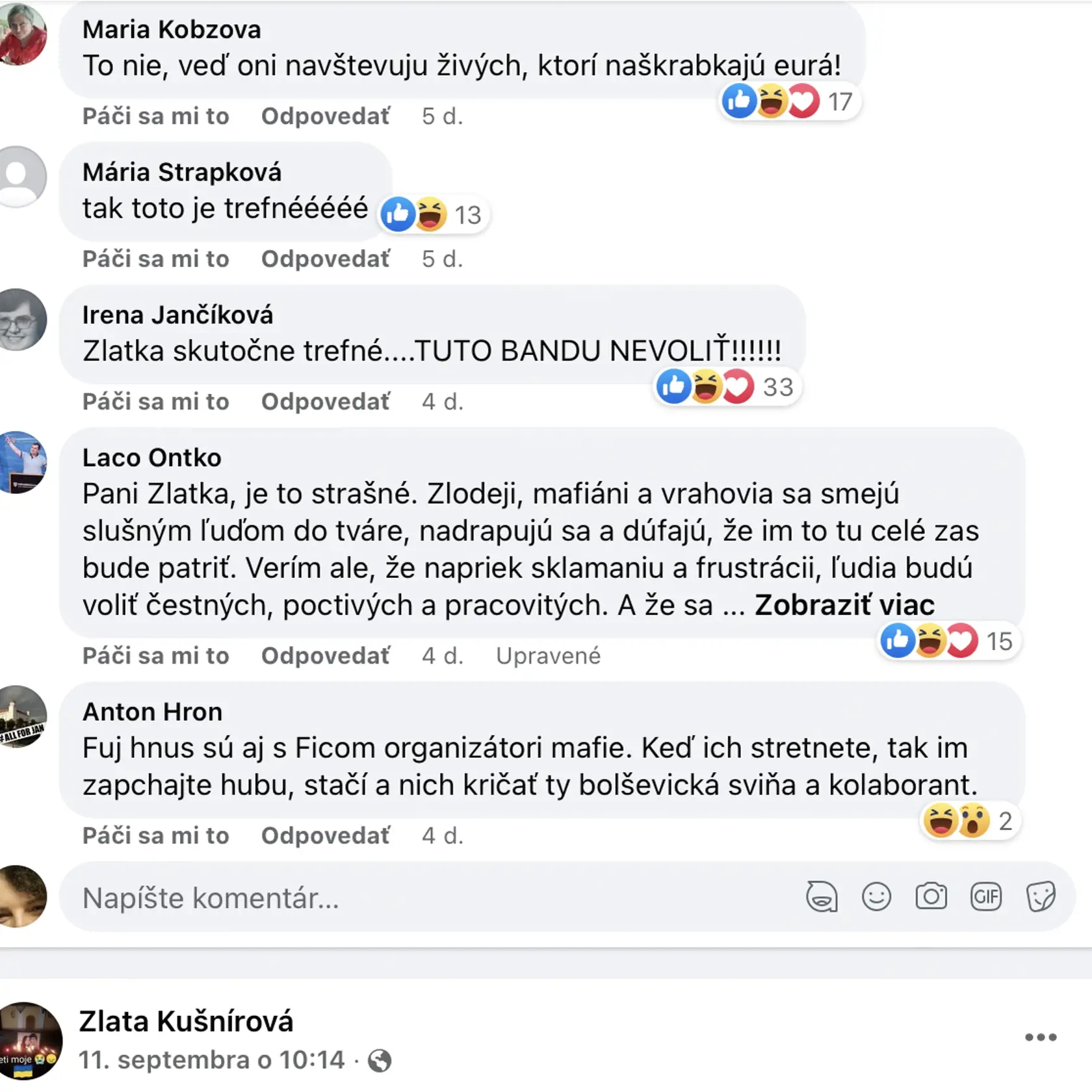 Reakcie diskutujúcich pod príspevkom Zlatice Kušnírovej, ktorá vyzvala Petra Pellegriniho, aby prišiel do Gregoroviec a ukáže mu hrob svojej dcéry, ktorý považuje za výsledok vládnutia Smeru, v ktorom dlhé roky pôsobil.