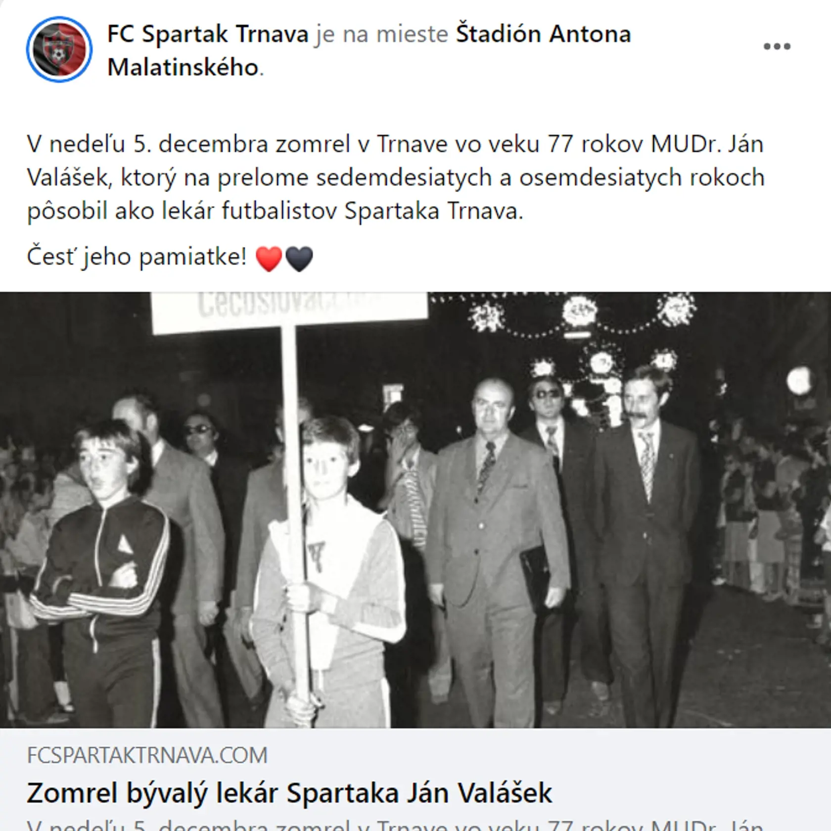 Spartak Trnava sa rozlúčil so svojím bývalým lekárom na facebooku aj na webovej stránke.