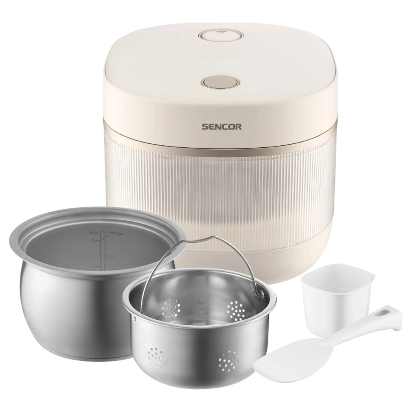 Ryžovar SENCOR SRM 2000WH Low Carb, v balení dostanete aj sitko na naparovanie, špachtľu a odmerku.