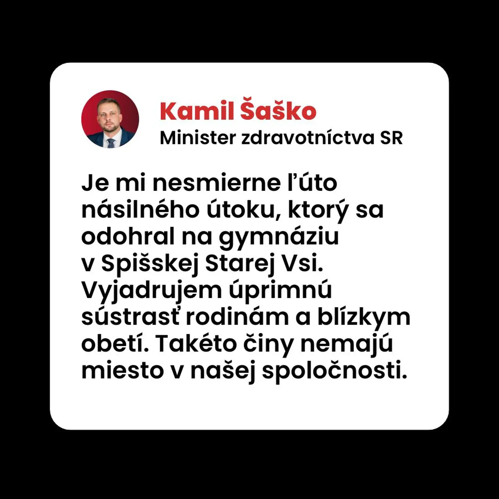 Šaško vyjadril sústrasť rodinám obetí po útoku nožom v Spišskej Starej Vsi