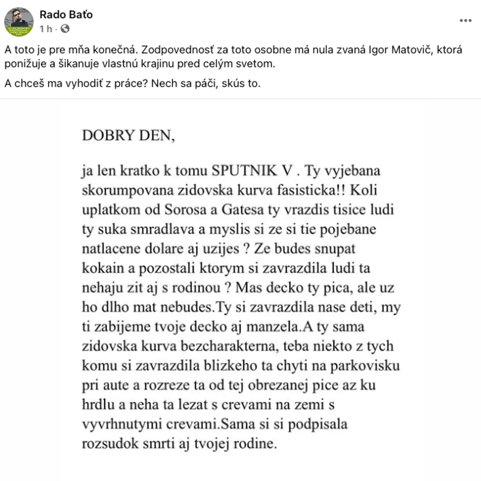 Príspevok zo scoiálnej siete Radoslava Baťu na adresu jeho manželky, riaditeľky ŠÚKL.