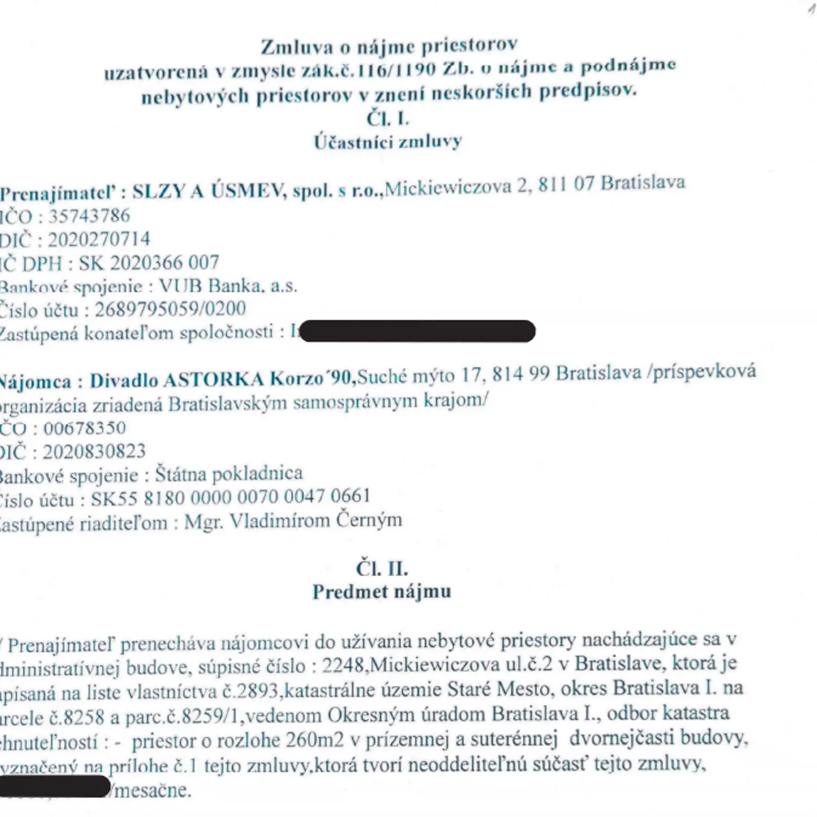 Nájomná zmluva medzi divedlom DAK'90 a firmou Slzy a Úsmev