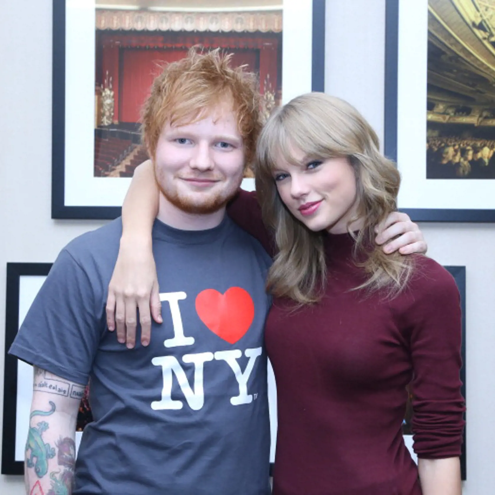 NEW YORK, NY - NOVEMBER 01:  Ed Sheeran poses with Taylor Swift backstage before his sold-out show at Madison Square Garden Arena on November 1, 2013 in New York City.  (Photo by Anna Webber/Getty Images for Atlantic Records)