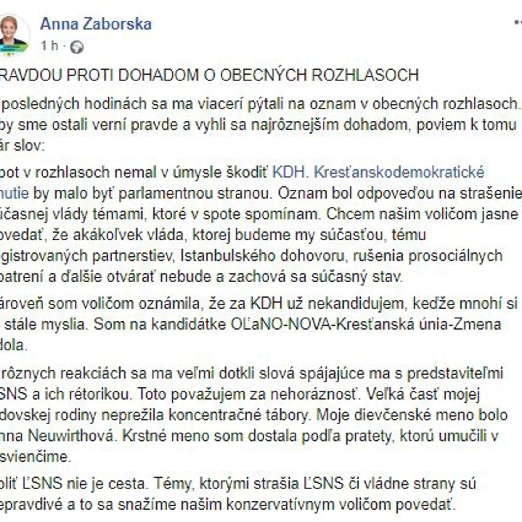 Anna Záborská - facebook