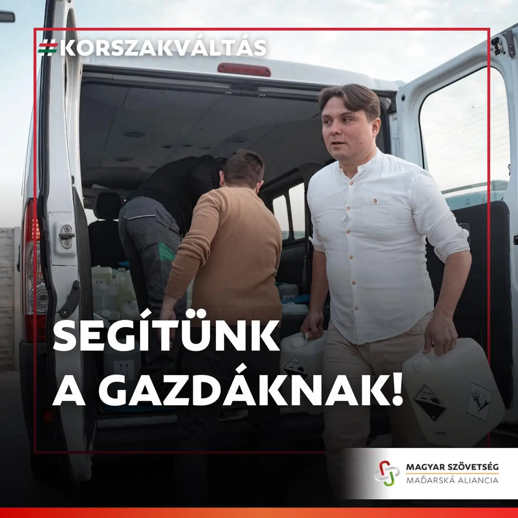 Pomôžme domácim farmárom, svieti na príspevku Maďarskej aliancie, v bielej košeli šéf strany László Gubík.