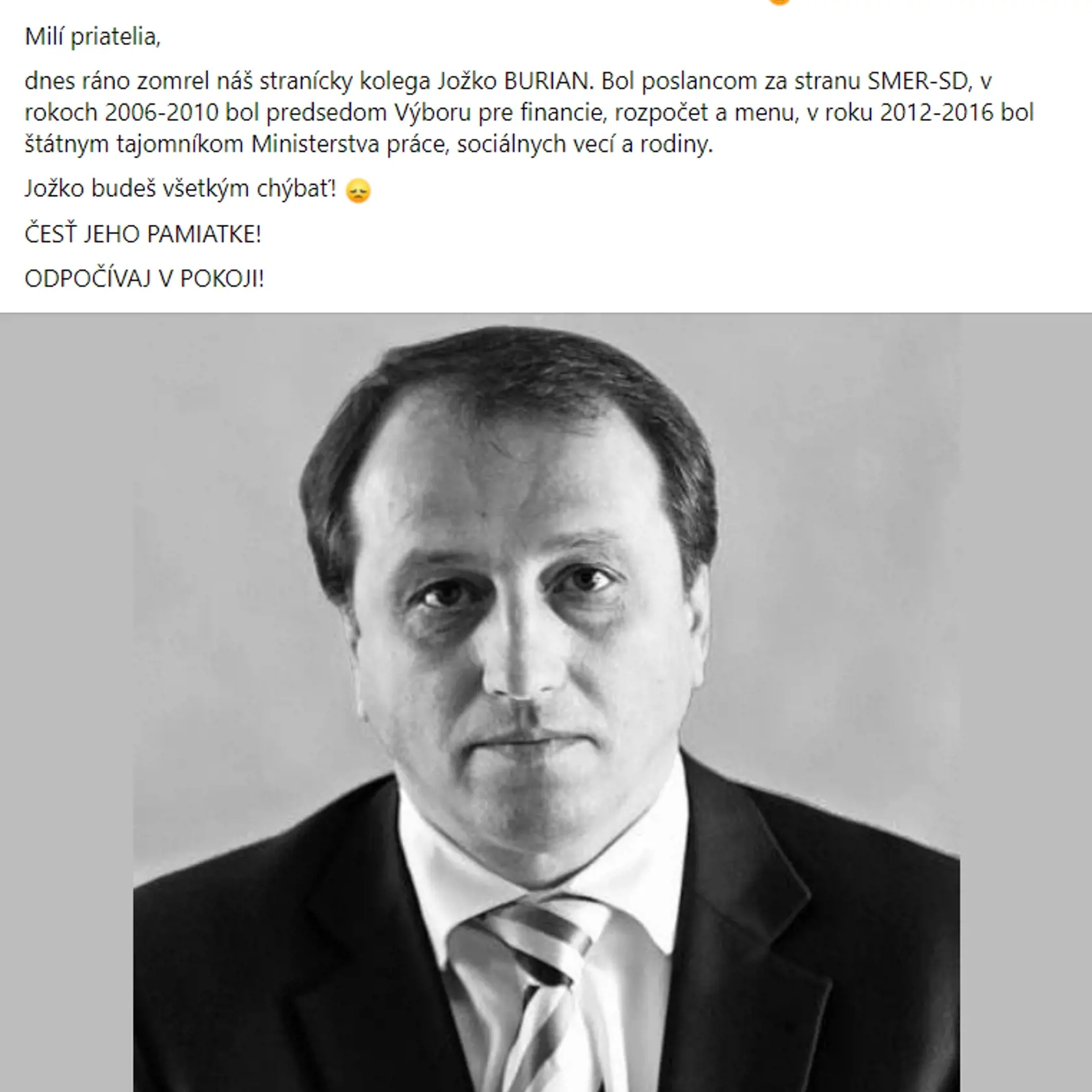 Smer na sociálnej sieti oznámil smutnú správu o úmrtí Jozefa Buriana.
