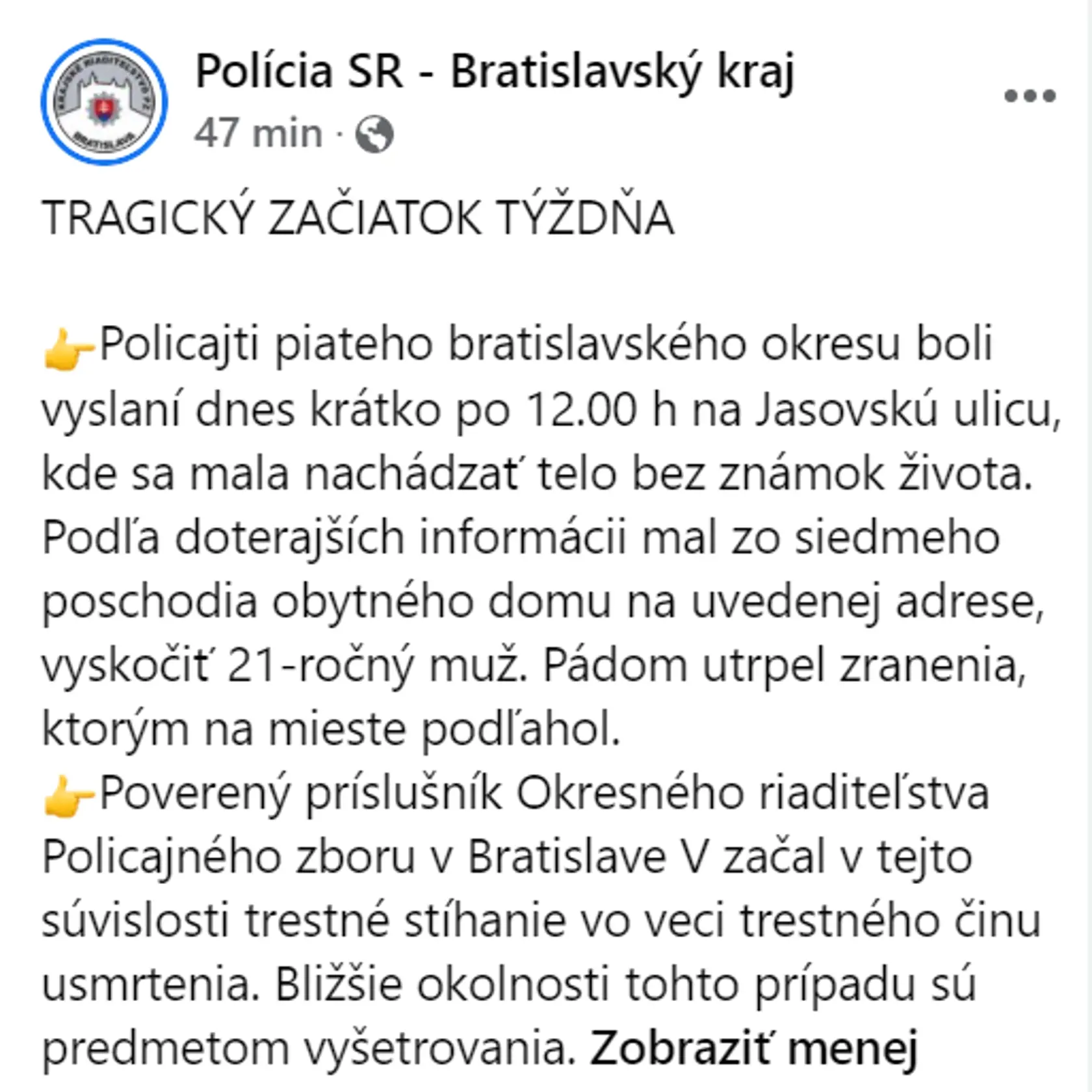 Polícia: Vyšetruje okolnosti pádu muža z bytu v bratislavskej Petržalke