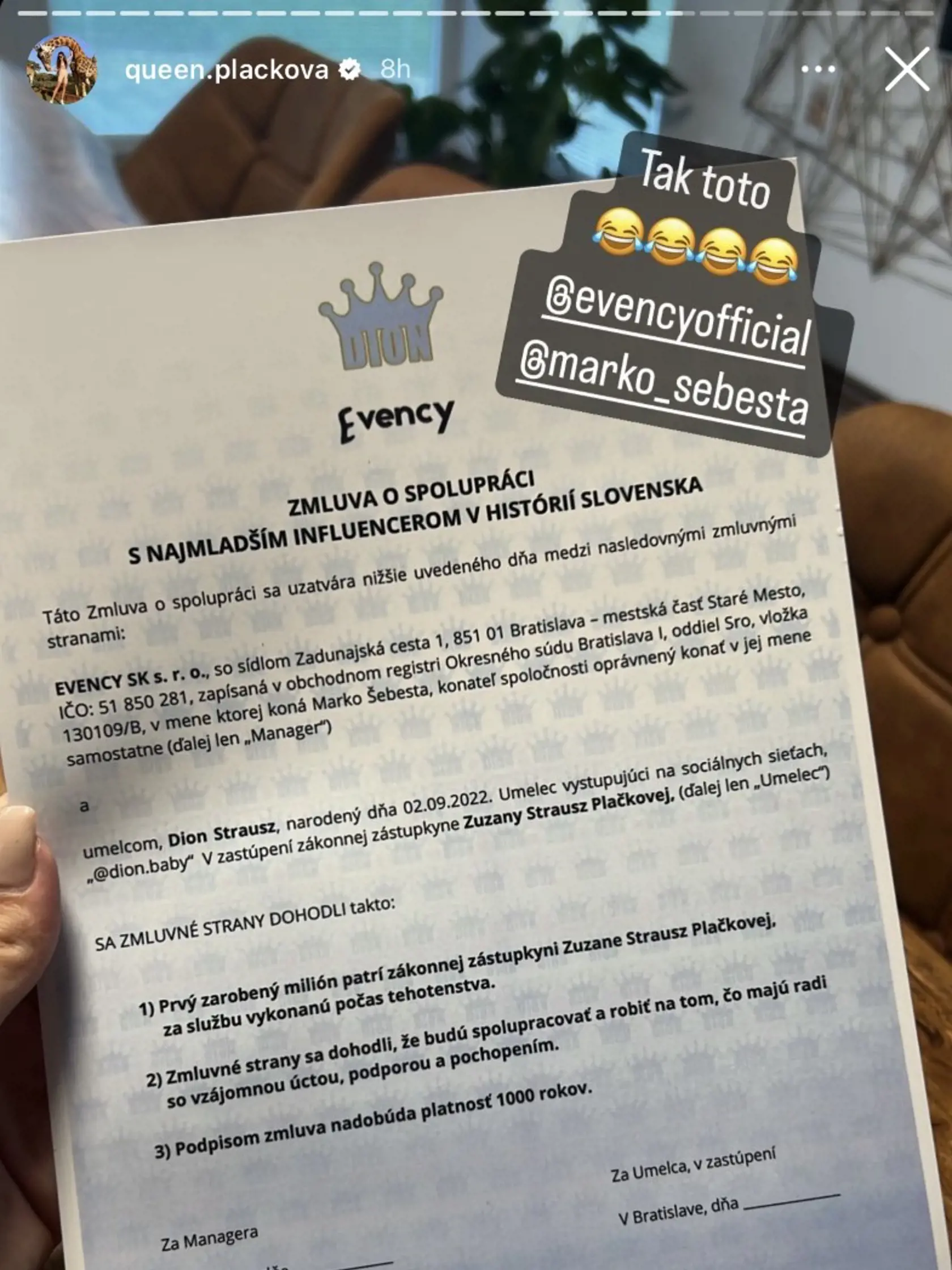 Zuzana Plačková zverejnila na svojom instagramovom profile zmluvu o spolupráci jej syna, Diona Strausza. Je to len vtip?