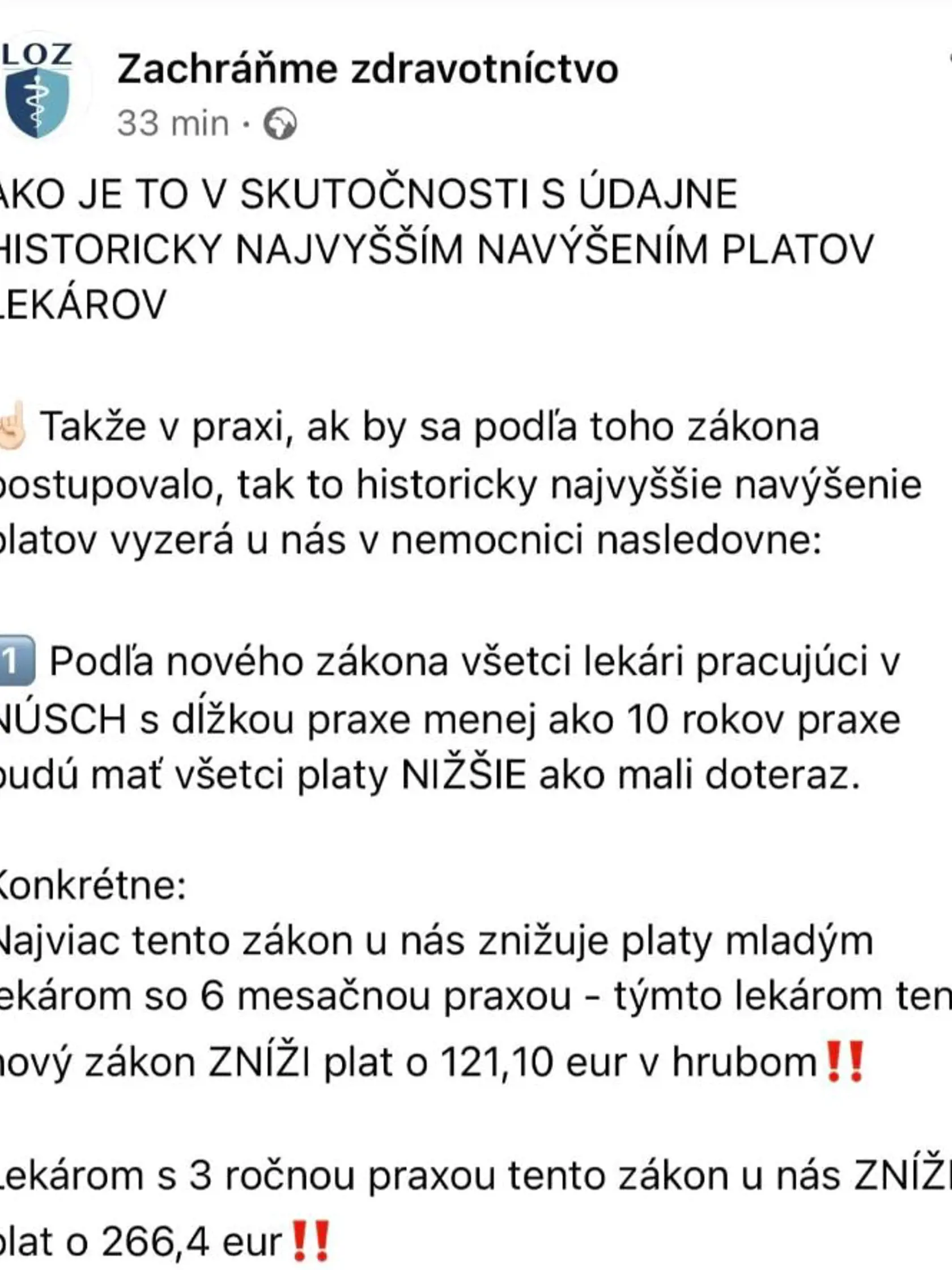 Ján Sýkora upozorňuje na sociálnej sieti na nedostatočné navýšenie platov pre zdravotníkov.