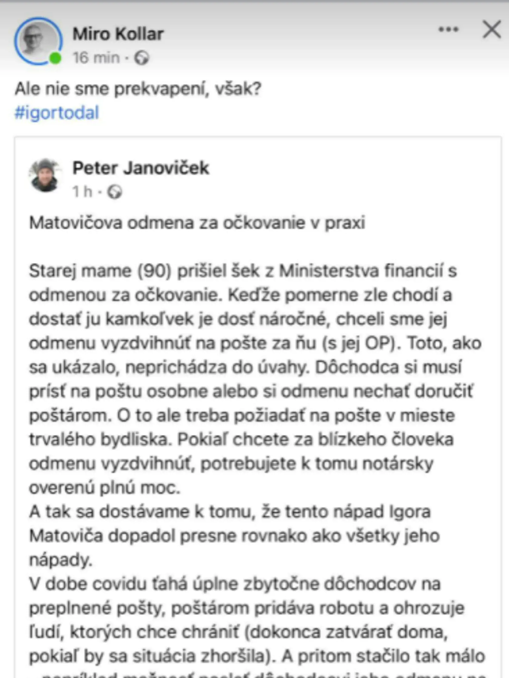 Petrovi sa spôsob vyplácania odmien za očkovanie pre seniorov nepáči, posťažoval sa na sociálnej sieti.