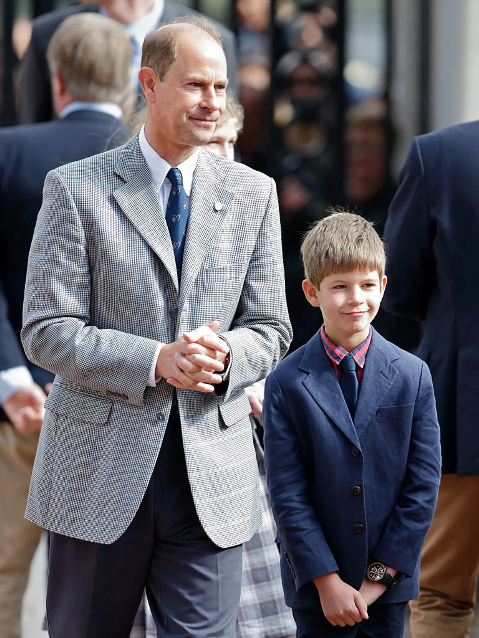 LONDON, UNITED KINGDOM - SEPTEMBER 25: (EMBARGOED FOR PUBLICATION IN UK NEWSPAPERS UNTIL 48 HOURS AFTER CREATE DATE AND TIME) Prince Edward, Earl of Wessex and James, Viscount Severn await the arrival of Sophie, Countess of Wessex at Buckingham Palace where she will complete her Diamond Challenge cycle ride on September 25, 2016 in London, England. The Countess of Wessex is cycling 445 miles from the Palace of Holyroodhouse, Edinburgh to Buckingham Palace, London over seven days as her 'Diamond 