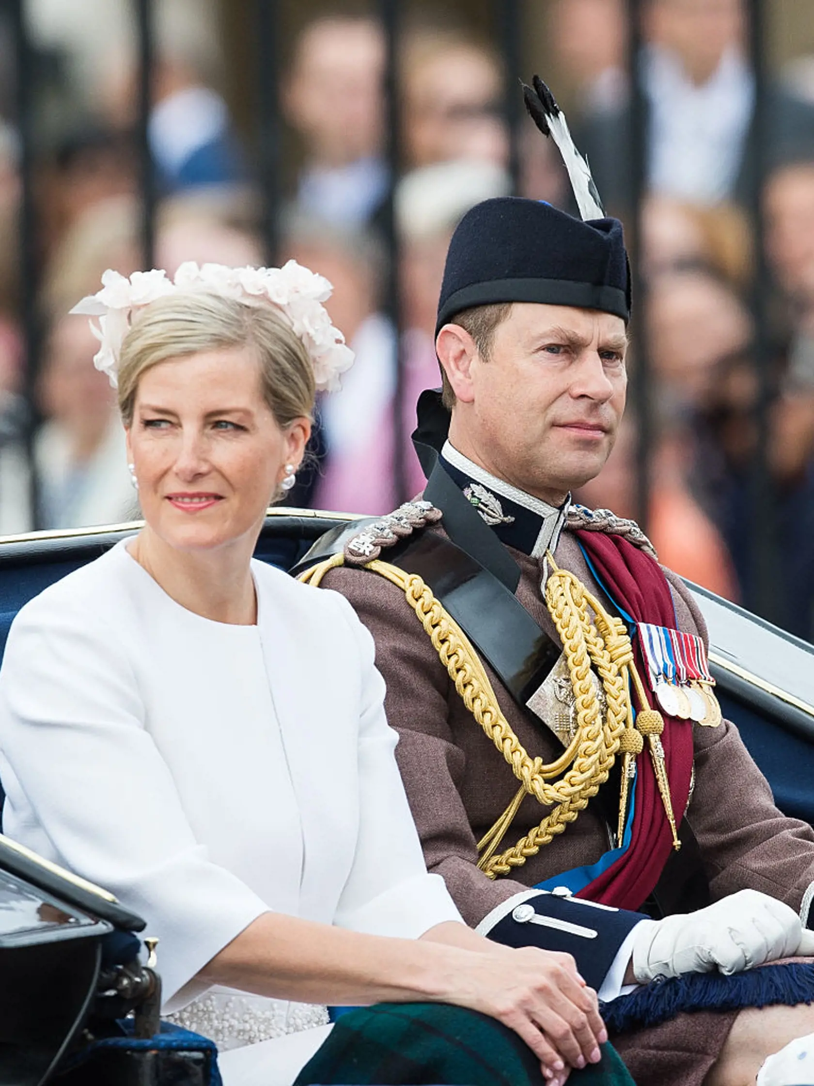LONDON, ENGLAND - JUNE 11:  Prince Edward, Earl of Wessex and Sophie, Countess of Wessex ride by carriage during the Trooping the Colour, this year marking the Queen's official 90th birthday at The Mall on June 11, 2016 in London, England. The ceremony is Queen Elizabeth II's annual birthday parade and dates back to the time of Charles II in the 17th Century when the Colours of a regiment were used as a rallying point in battle.  (Photo by Samir Hussein/WireImage)