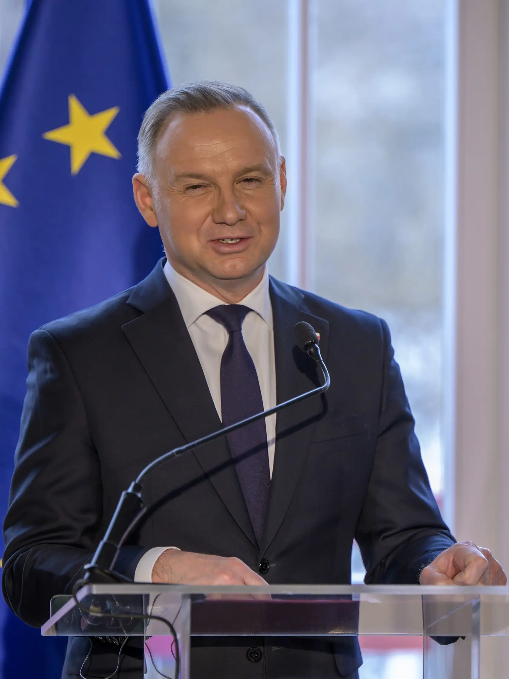 Na snímke poľský prezident Andrzej Duda hovorí počas tlačovej konferencie pri príležitosti rozlúčkovej návštevy na Slovensku na Štrbskom Plese v utorok 1. apríla 2025. FOTO TASR - Veronika Mihaliková